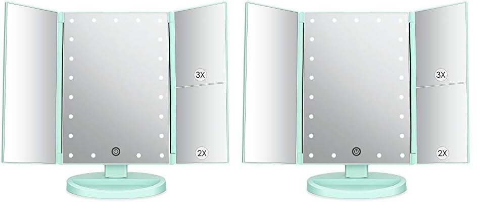 deweisn Dresser Mount Tri-Fold Lighted Vanity Mirror with 21 LED Lights, Touch Screen and 3X/2X/1X Magnification, Two Power Supply Modes Make Up Mirror,Travel Mirror