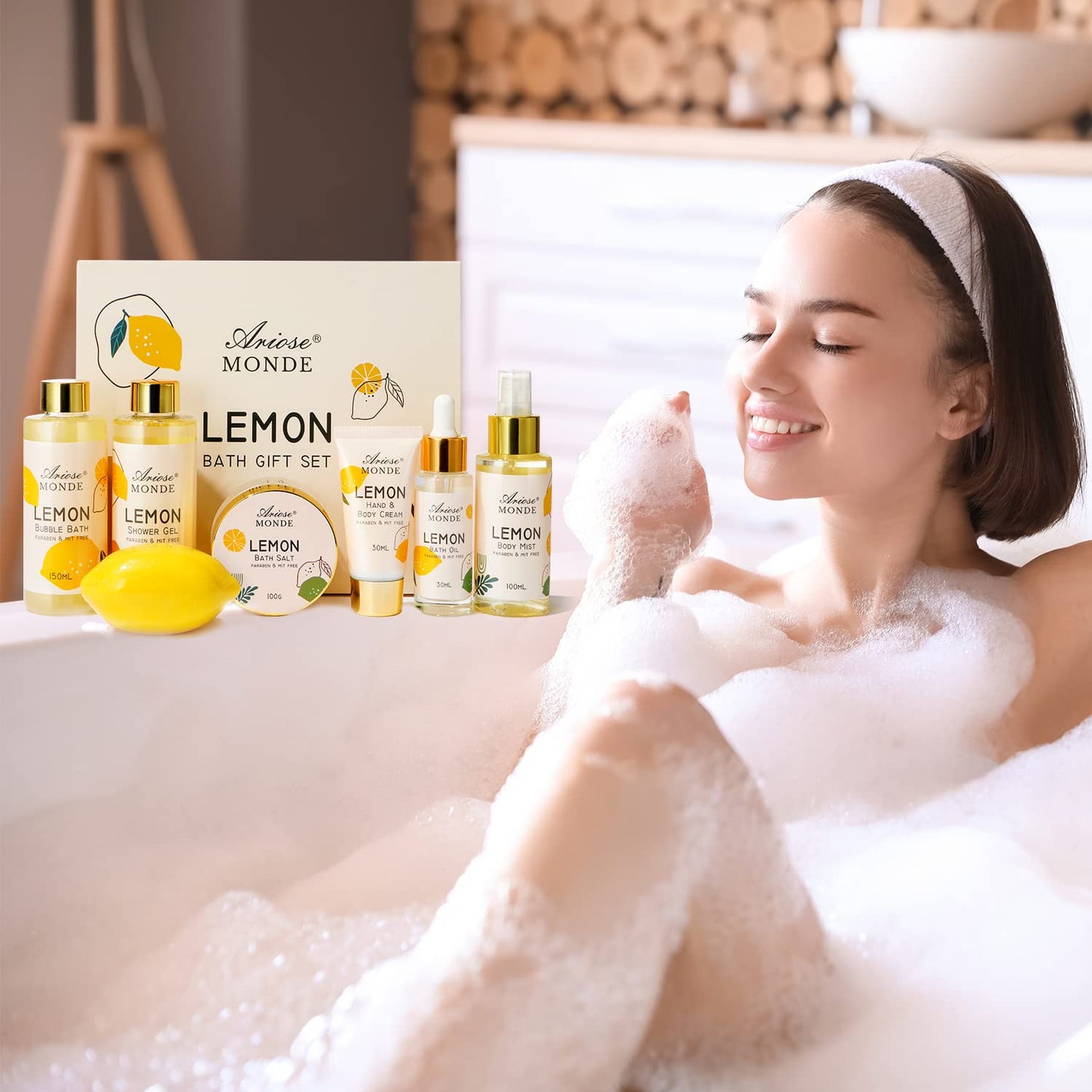 Bath & Shower Spa Gift Basket Set, with English Pear & Freesia Fragrance Bath Gift Basket for Women & Men Includes Body Lotion, Shower Gel, Bath Salts, Bubble Bath, Body Scrub and More, 9 Pcs