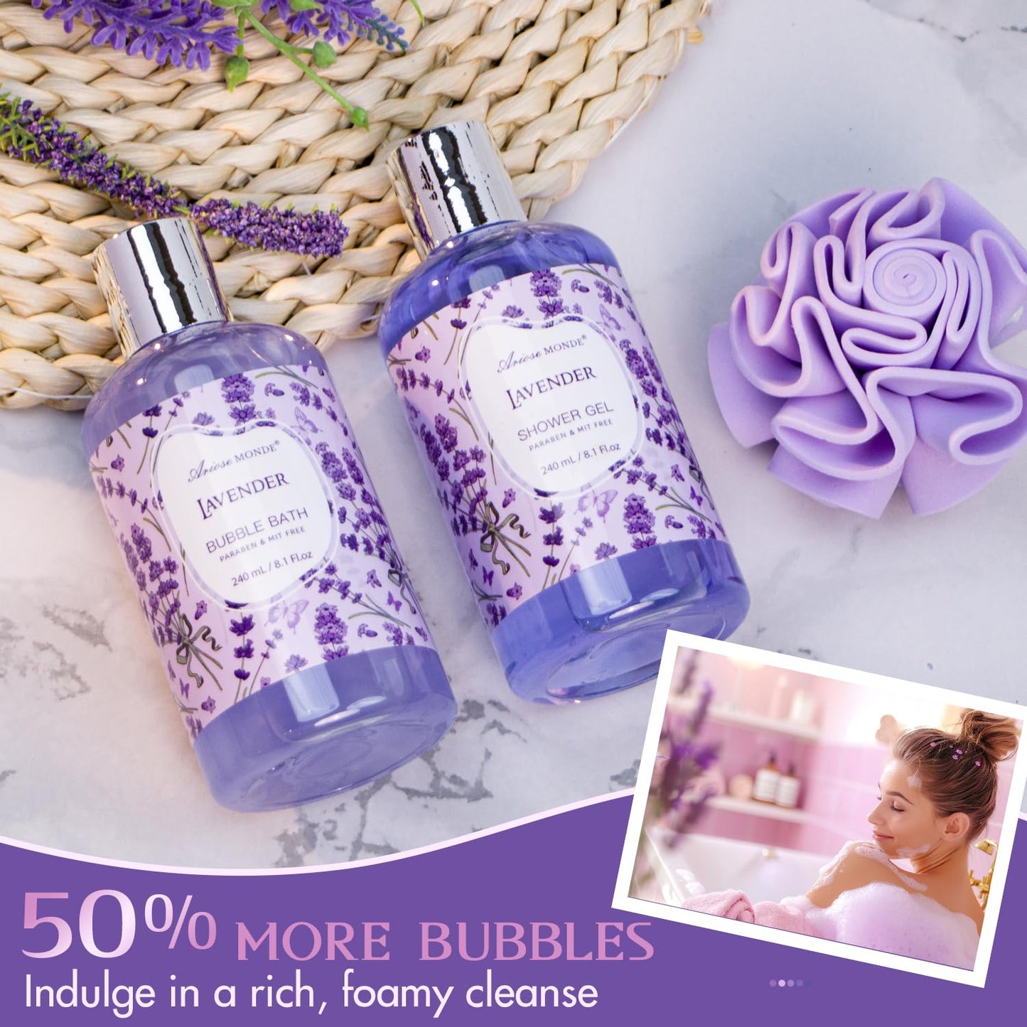 Bath & Shower Spa Gift Basket Set, with English Pear & Freesia Fragrance Bath Gift Basket for Women & Men Includes Body Lotion, Shower Gel, Bath Salts, Bubble Bath, Body Scrub and More, 9 Pcs