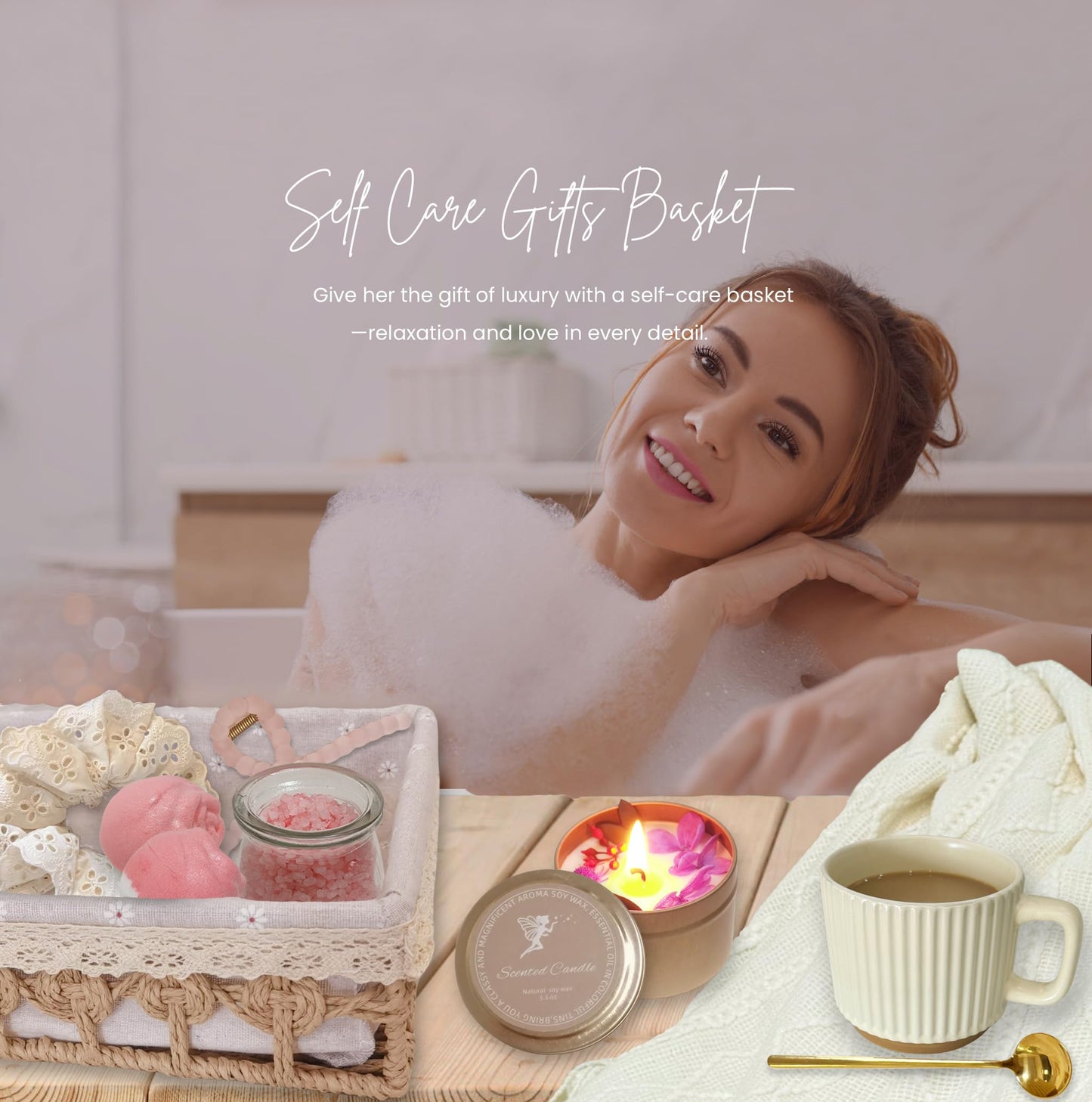 Sister Birthday Gifts With Basket for Women, Friendship Gifts for Women Self Care Gifts Set for Her/Friend/Bestie Gift Box for Girlfriend/gf/Wife (Pink, Cream & Gold)