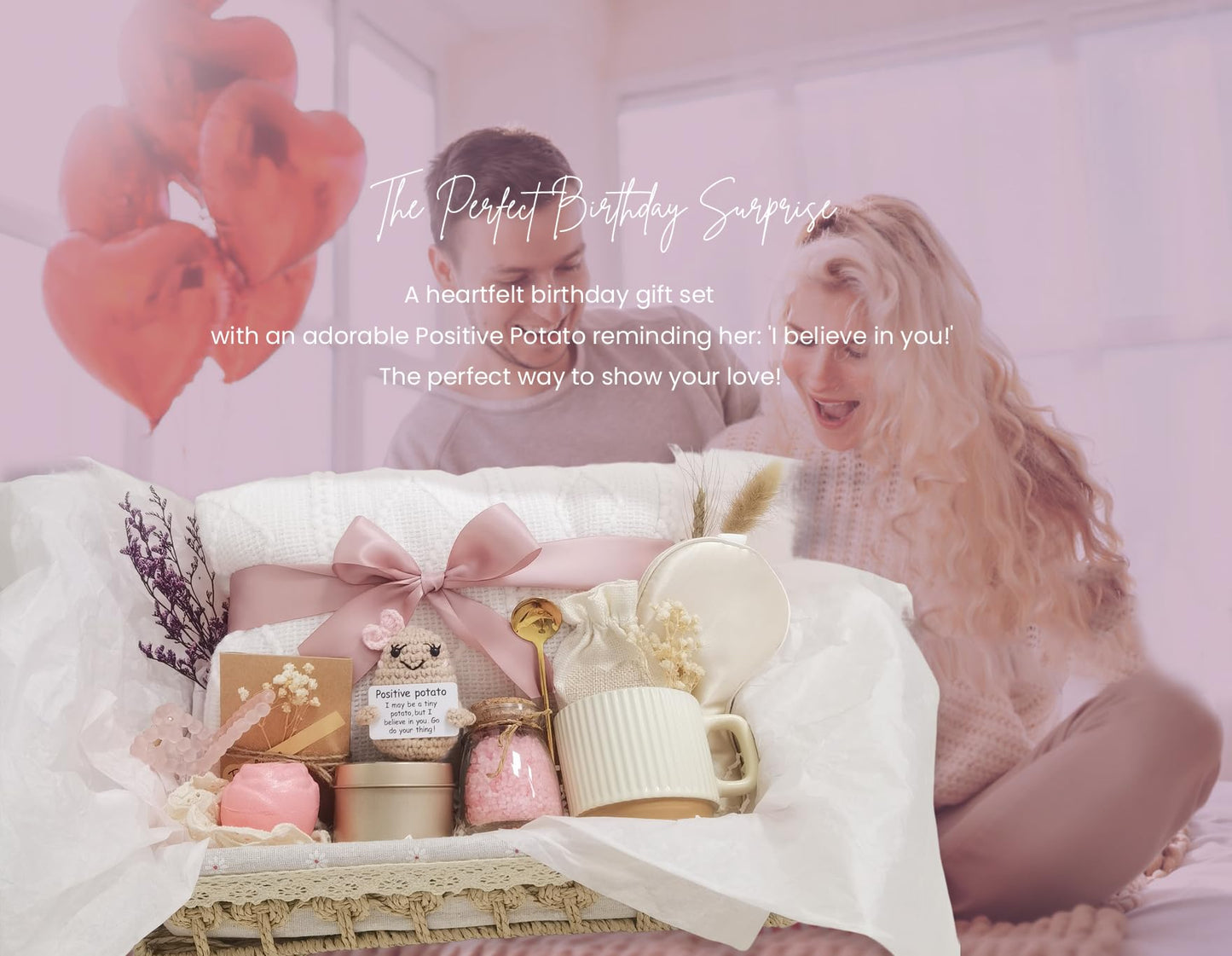 Sister Birthday Gifts With Basket for Women, Friendship Gifts for Women Self Care Gifts Set for Her/Friend/Bestie Gift Box for Girlfriend/gf/Wife (Pink, Cream & Gold)