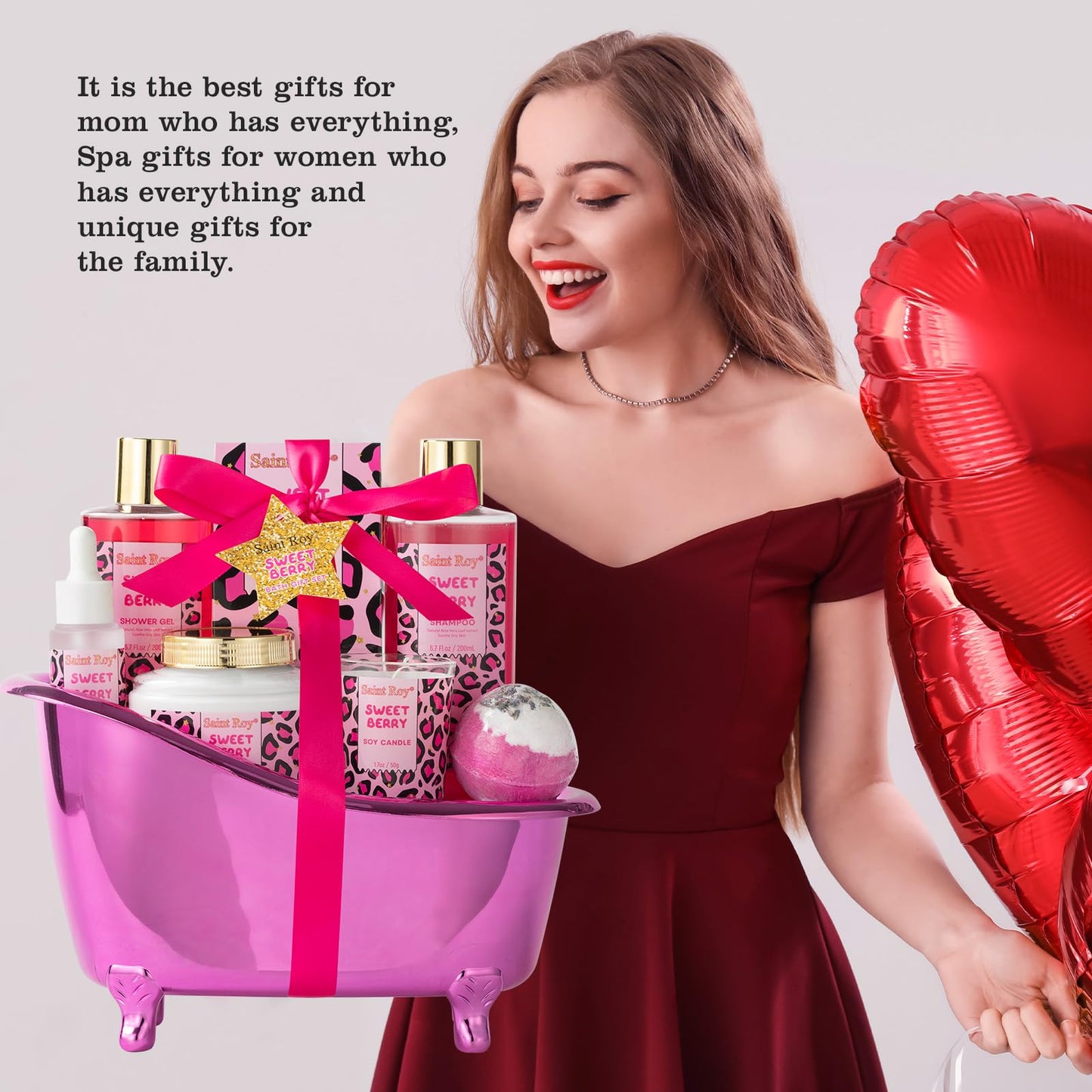 SPA Gifts for Her Gift Baskets for Women, Spa Gifts for Mom Strawberry Scent - Rich in Jojoba Oil Shea Butter with Body Lotion, Bath Bomb, Care Package, Birthday Gift