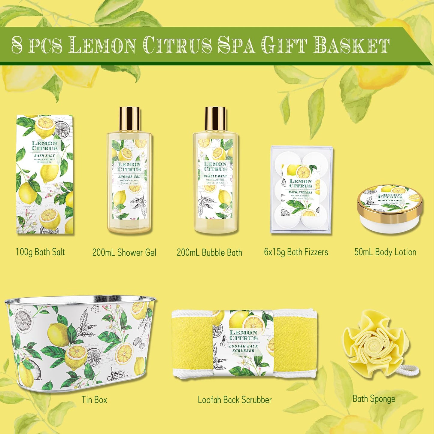 Bath & Shower Spa Gift Basket Set, with English Pear & Freesia Fragrance Bath Gift Basket for Women & Men Includes Body Lotion, Shower Gel, Bath Salts, Bubble Bath, Body Scrub and More, 9 Pcs