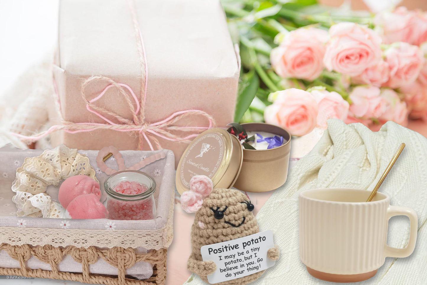 Sister Birthday Gifts With Basket for Women, Friendship Gifts for Women Self Care Gifts Set for Her/Friend/Bestie Gift Box for Girlfriend/gf/Wife (Pink, Cream & Gold)