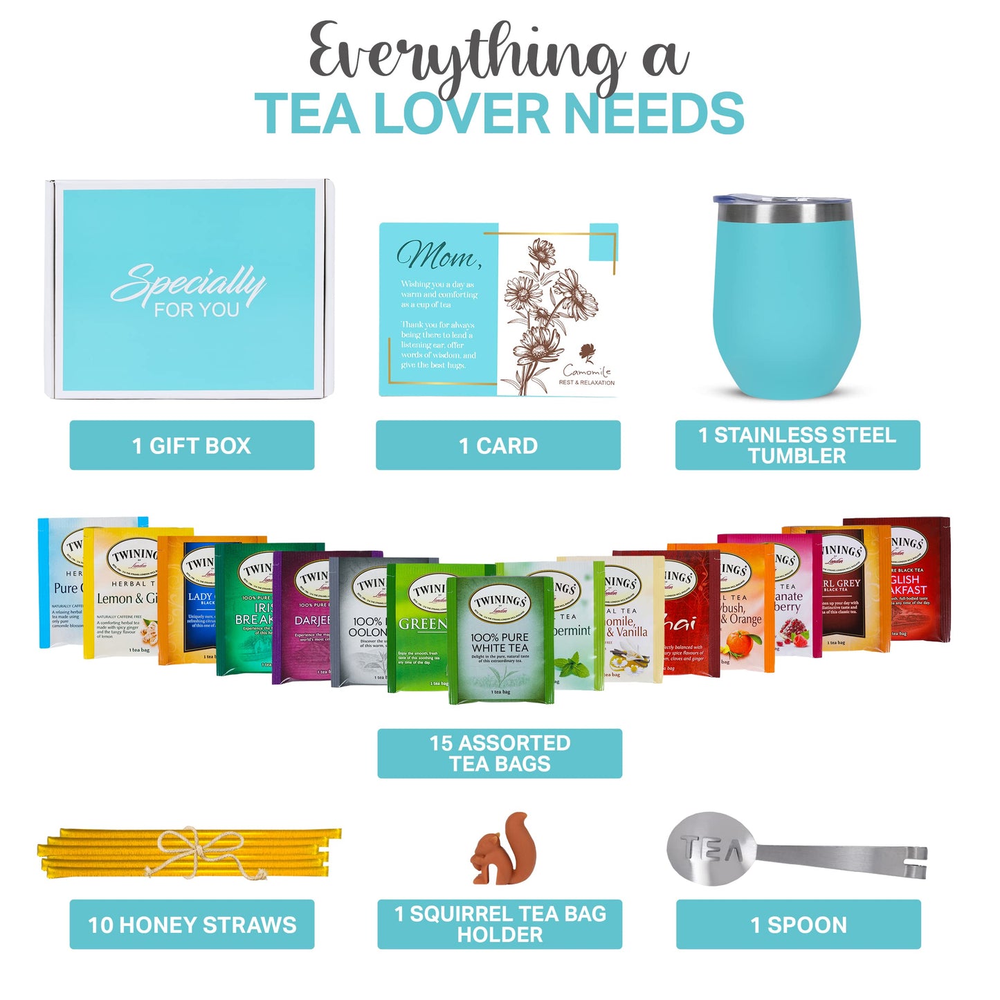 Tea Gift Sets for Tea Lovers Women and Men | Tea Gifts | Tea Gift Set | Tea Sets for Women | Stainless Steel Tumbler | 15 Unique Teas | 10 Honey Straws | Gift Box Tea Set (Teal)