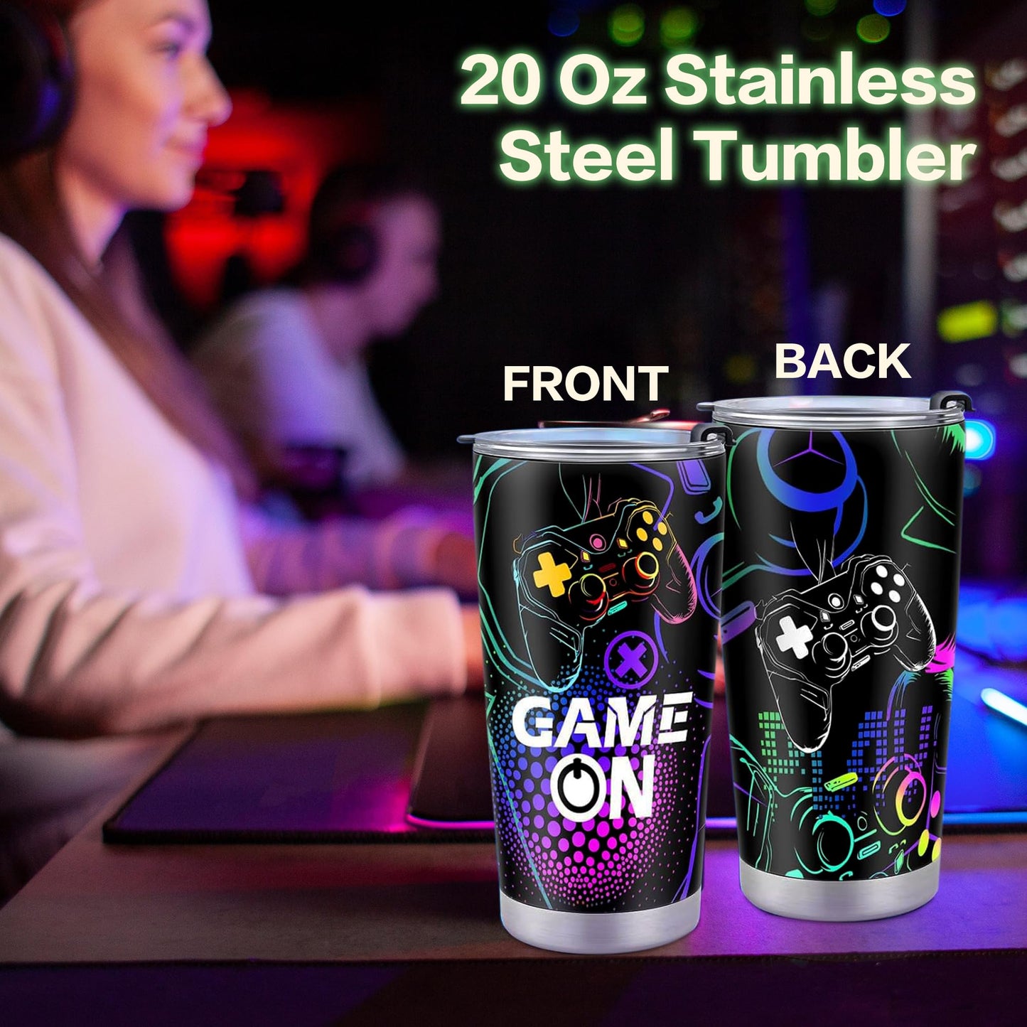 Guguden Gamer Coffee Cups Tumbler, Gamers Mugs Gifts for Boys Kids Men Boyfriend Husband, Gaming Birthday Gifts Basket for Teenage, Game Room Decor Gift for Dad Video Game Lover, Stainless Steel 20oz