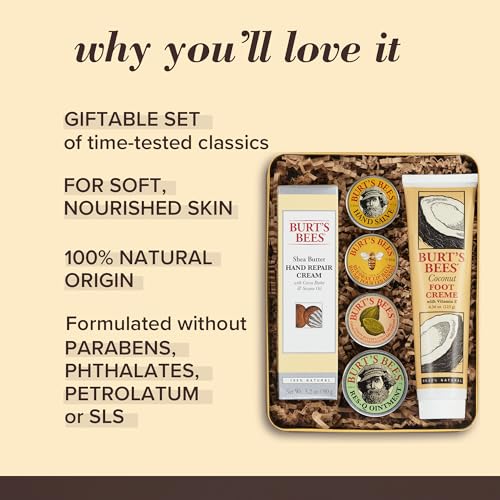 Burt's Bees Gifts Ideas - Classics Set, 6 Products in Giftable Tin – Cuticle Cream, Hand Salve, Lip Balm, Res-Q Ointment, Hand Repair and Foot Cream