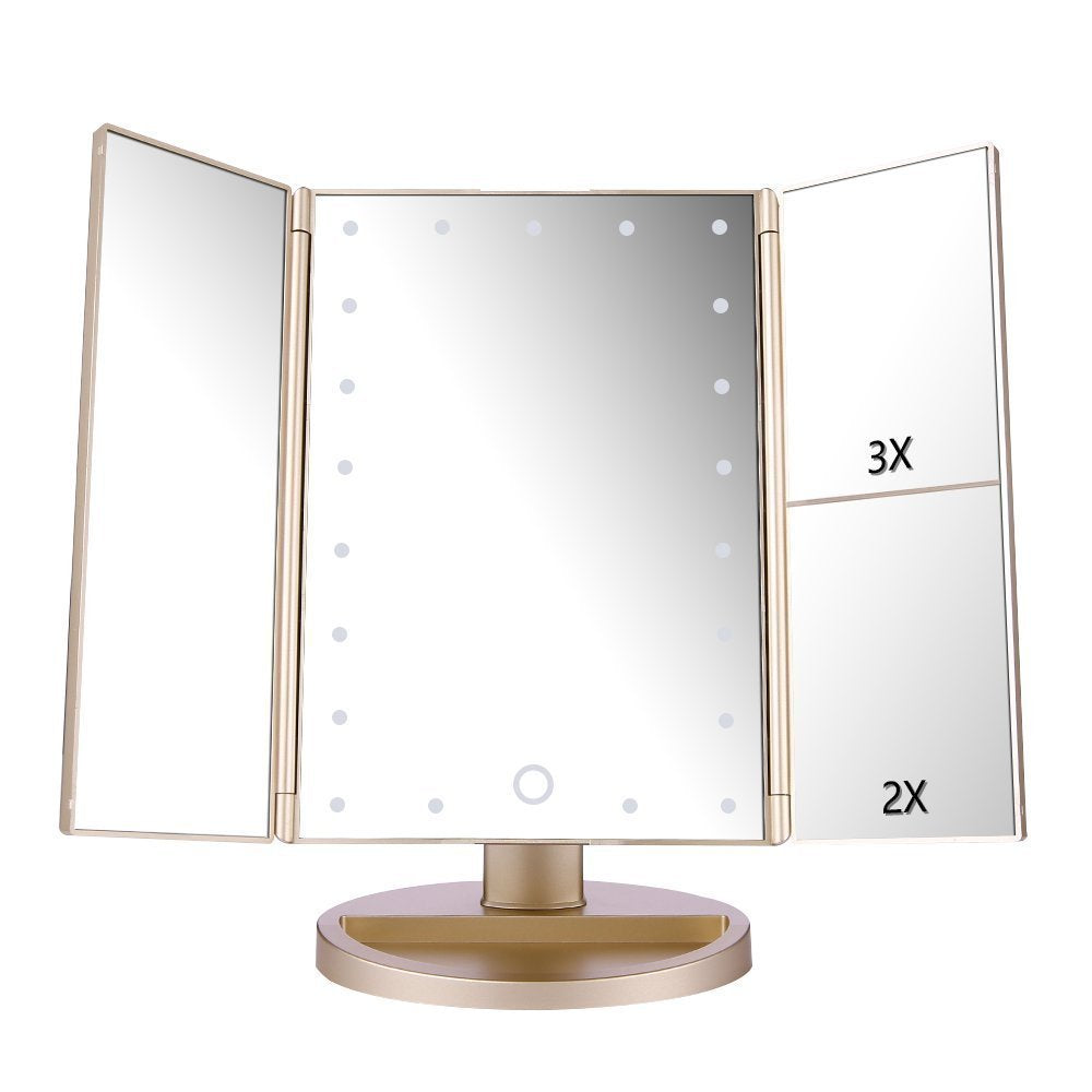 deweisn Dresser Mount Tri-Fold Lighted Vanity Mirror with 21 LED Lights, Touch Screen and 3X/2X/1X Magnification, Two Power Supply Modes Make Up Mirror,Travel Mirror