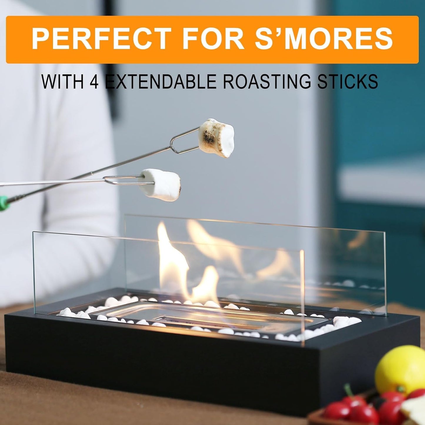 Metal Rectangle Tabletop Fire Pit with Smores Maker Kit 4 Roasting Sticks Indoor/Outdoor Small Fireplace, Table Top Decor Gifts for Women Mom Housewarming Birthday Balcony Backyard Gift