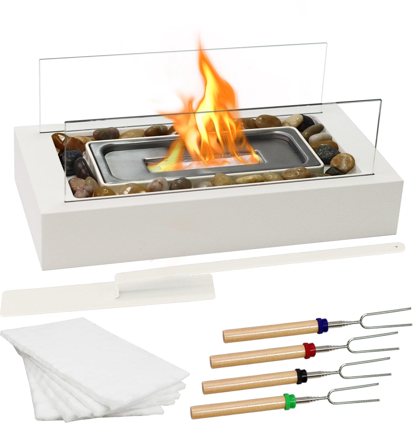 Metal Rectangle Tabletop Fire Pit with Smores Maker Kit 4 Roasting Sticks Indoor/Outdoor Small Fireplace, Table Top Decor Gifts for Women Mom Housewarming Birthday Balcony Backyard Gift