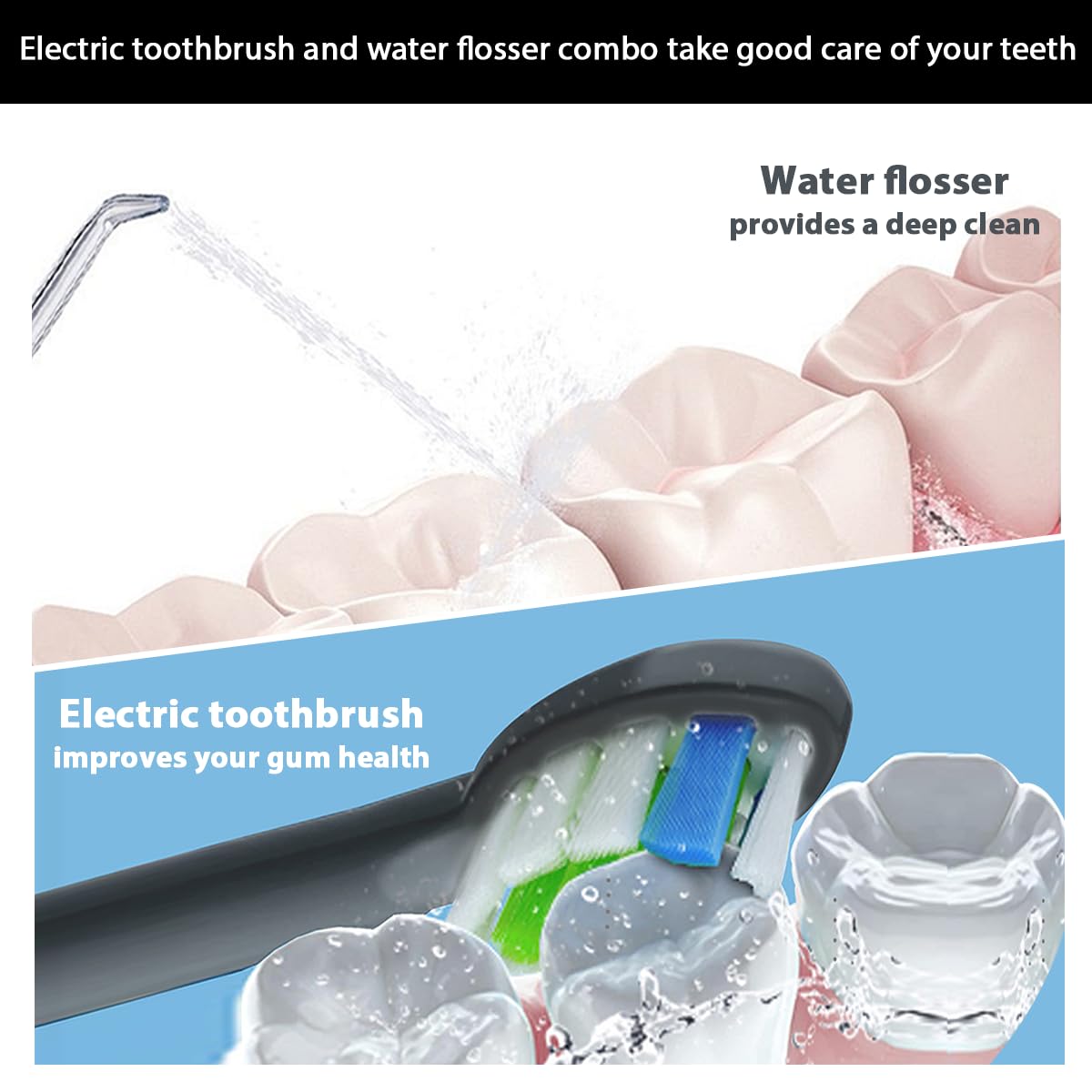 2-1 Oral Clean Kit- Water Dental flosser & Electric Toothbrush Combo- Brushing & Flossing- for Teeth Cleaning and Gum Health (Black)