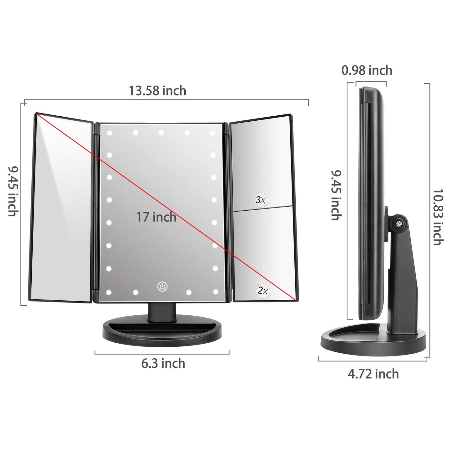 deweisn Dresser Mount Tri-Fold Lighted Vanity Mirror with 21 LED Lights, Touch Screen and 3X/2X/1X Magnification, Two Power Supply Modes Make Up Mirror,Travel Mirror