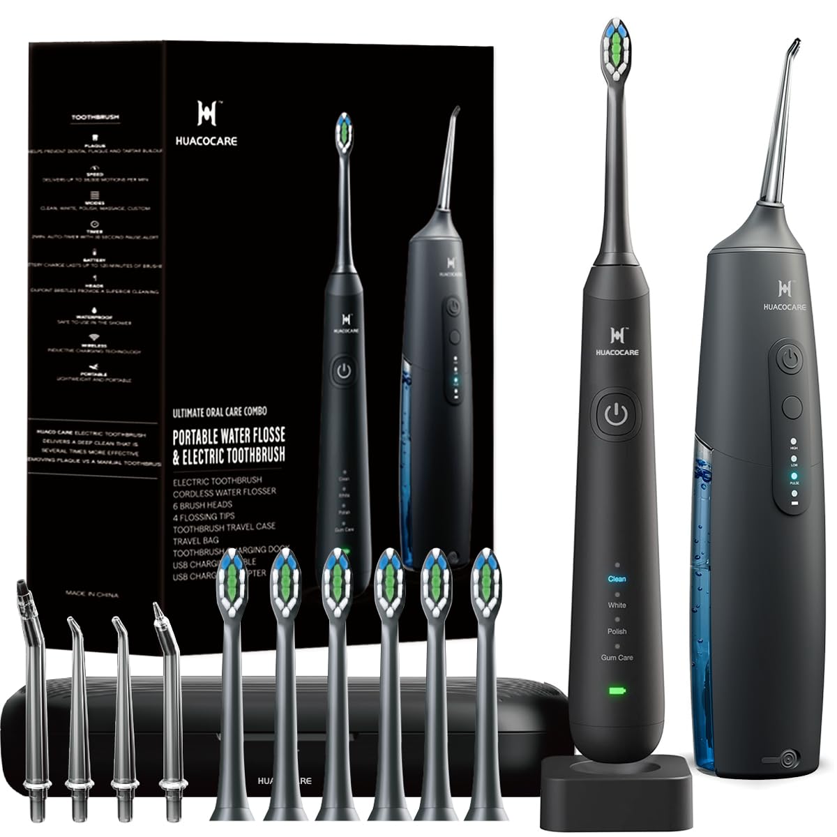 2-1 Oral Clean Kit- Water Dental flosser & Electric Toothbrush Combo- Brushing & Flossing- for Teeth Cleaning and Gum Health (Black)