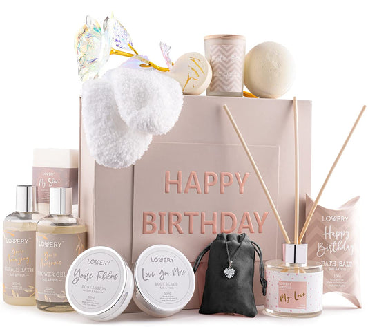 Birthday Gifts for Women, Birthday Spa Gift Basket for Women, Luxury Birthday Spa Gift Box with Vit E, Rich Bath Essentials, Diffuser, Candle, Sterling Silver CZ Heart Necklace, 24k Flower Rose & More