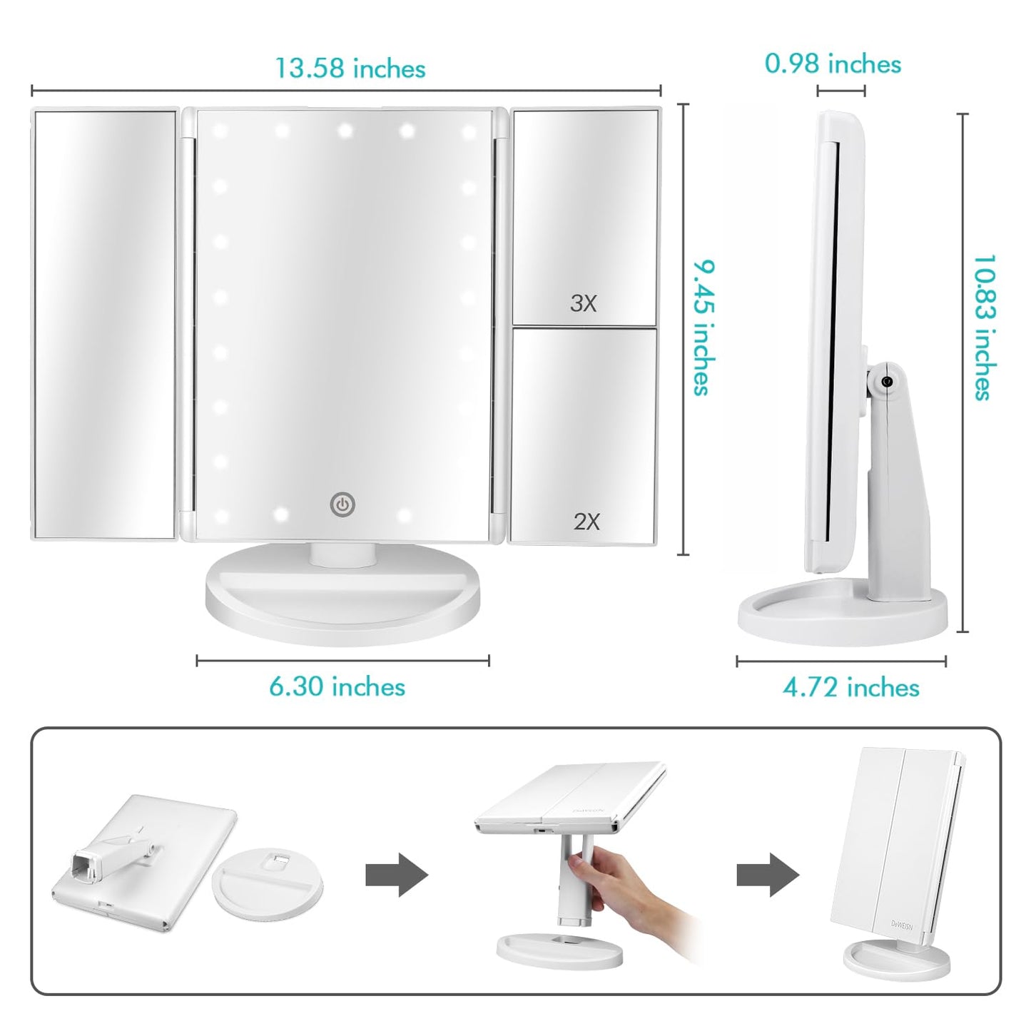 deweisn Dresser Mount Tri-Fold Lighted Vanity Mirror with 21 LED Lights, Touch Screen and 3X/2X/1X Magnification, Two Power Supply Modes Make Up Mirror,Travel Mirror