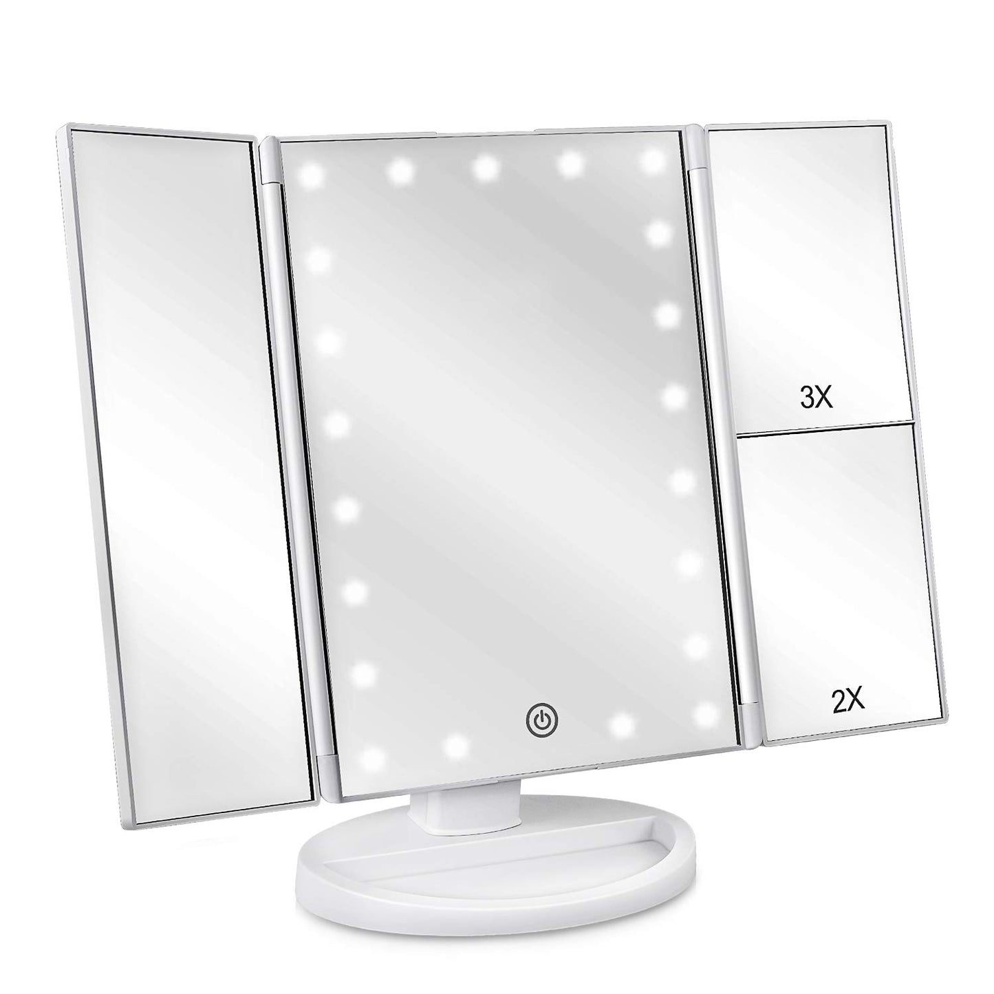 deweisn Dresser Mount Tri-Fold Lighted Vanity Mirror with 21 LED Lights, Touch Screen and 3X/2X/1X Magnification, Two Power Supply Modes Make Up Mirror,Travel Mirror