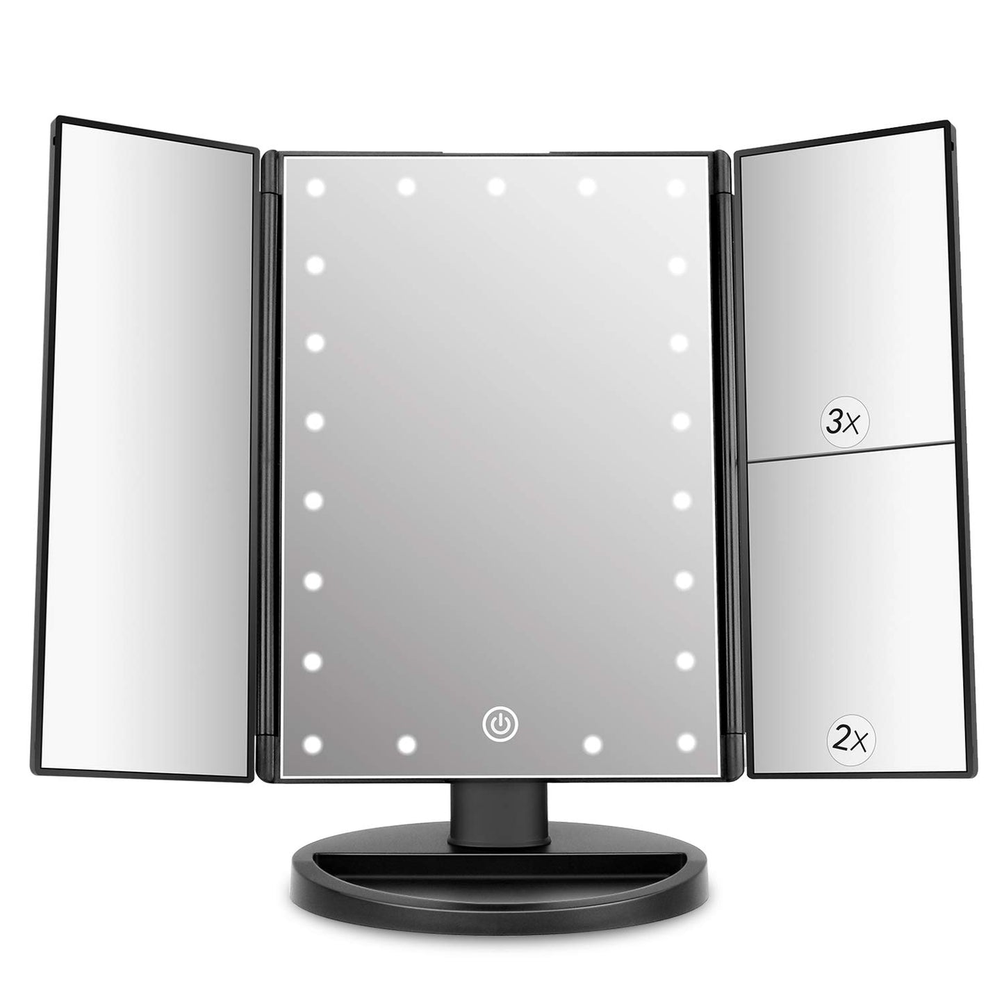 deweisn Dresser Mount Tri-Fold Lighted Vanity Mirror with 21 LED Lights, Touch Screen and 3X/2X/1X Magnification, Two Power Supply Modes Make Up Mirror,Travel Mirror