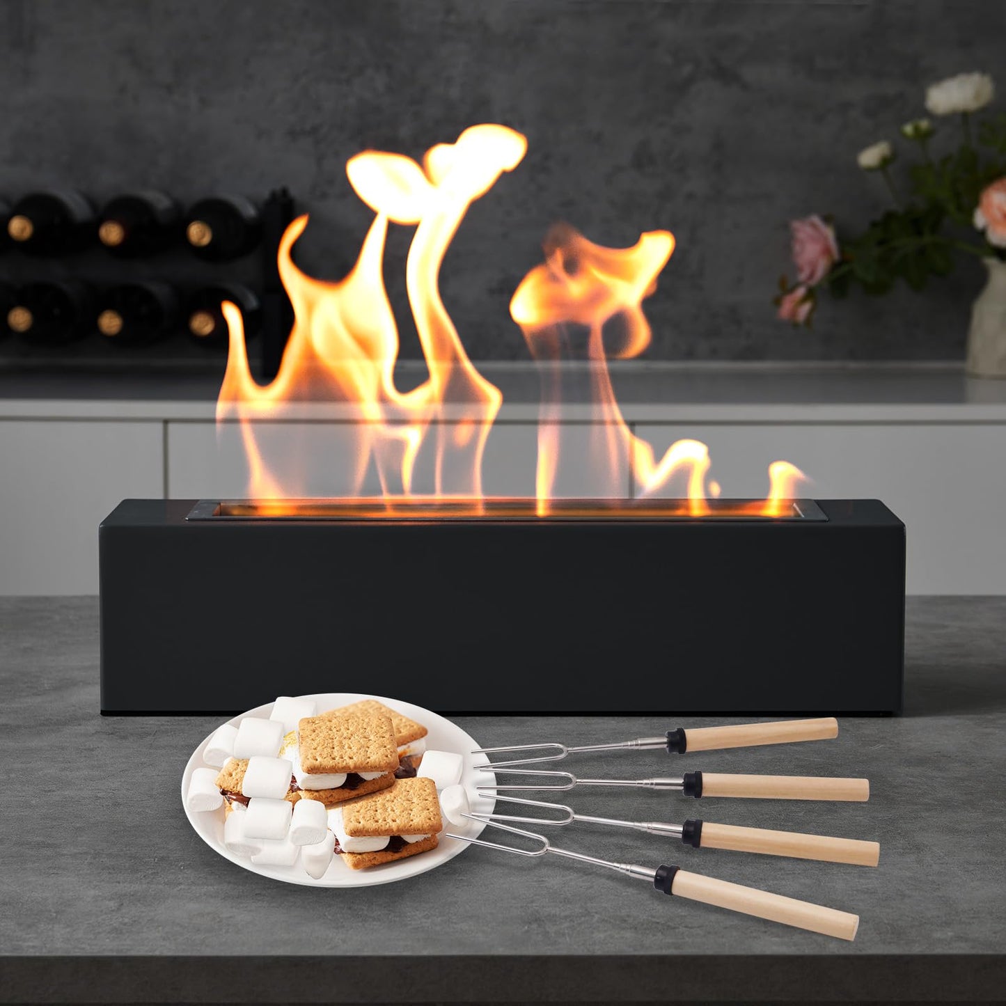 Metal Rectangle Tabletop Fire Pit with Smores Maker Kit 4 Roasting Sticks Indoor/Outdoor Small Fireplace, Table Top Decor Gifts for Women Mom Housewarming Birthday Balcony Backyard Gift