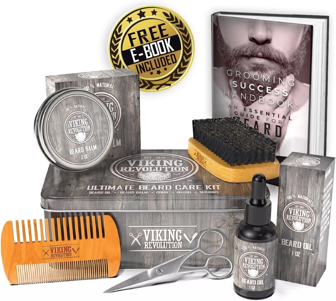 Viking Revolution Beard Care Kit for Men - Kit includes 100% Boar Beard Brush, Wooden Comb, Beard Balm, Beard Oil, Beard & Mustache Scissors in a Metal Box