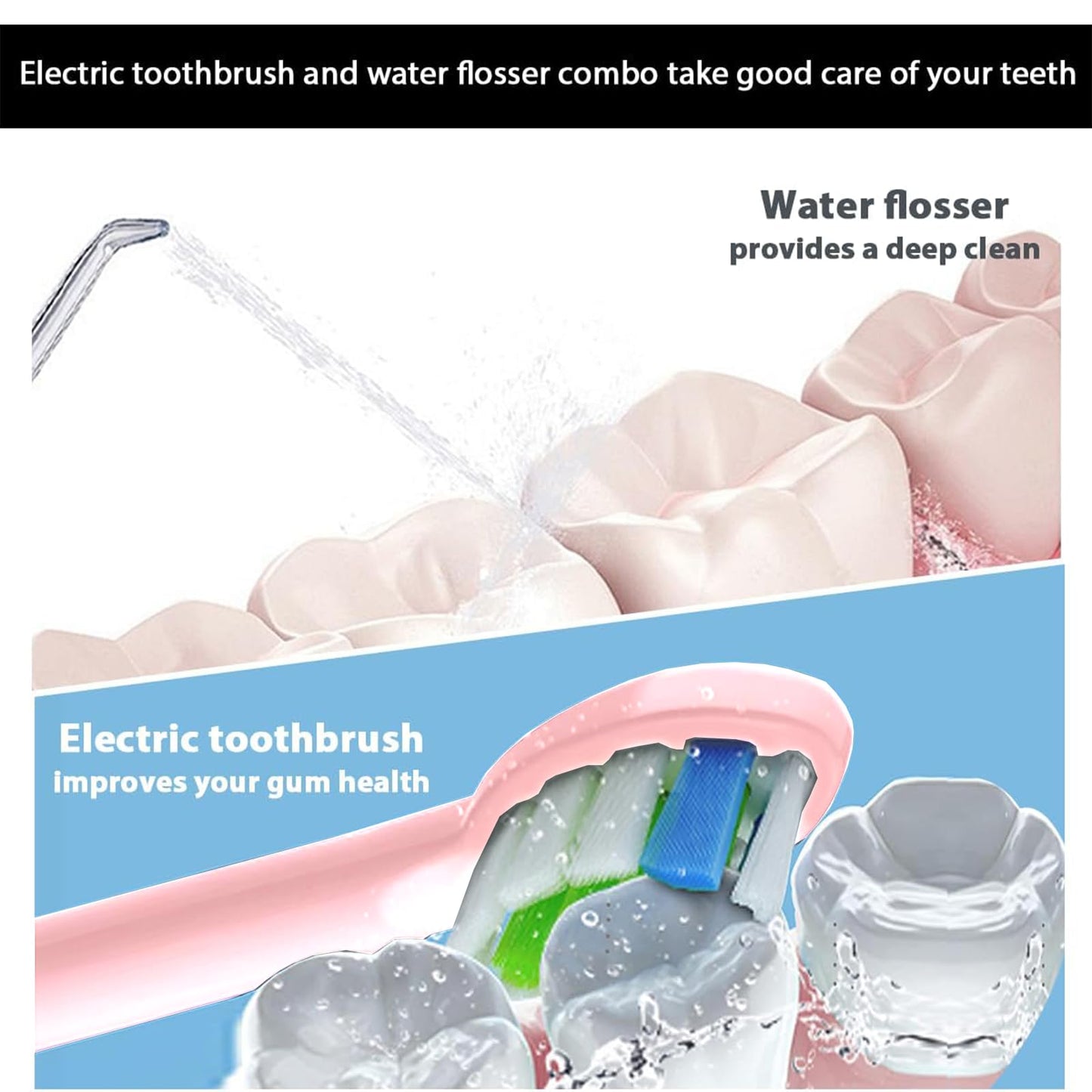 2-1 Oral Clean Kit- Water Dental flosser & Electric Toothbrush Combo- Brushing & Flossing- for Teeth Cleaning and Gum Health (Black)