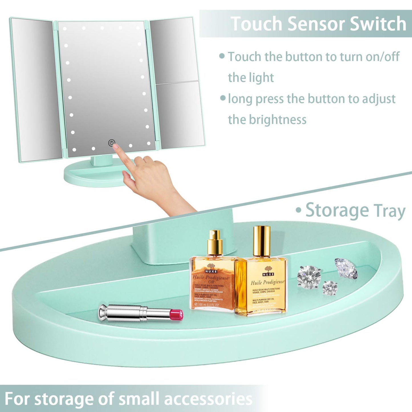 deweisn Dresser Mount Tri-Fold Lighted Vanity Mirror with 21 LED Lights, Touch Screen and 3X/2X/1X Magnification, Two Power Supply Modes Make Up Mirror,Travel Mirror