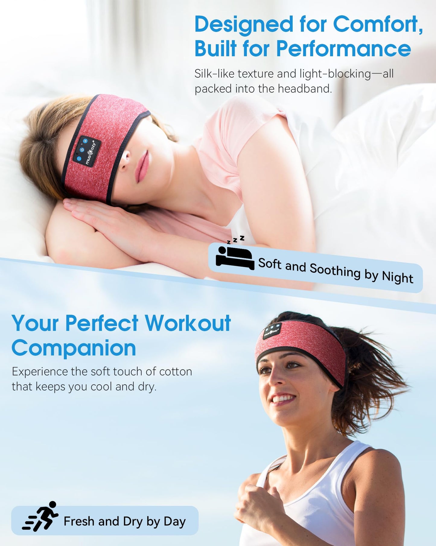 MUSICOZY Sleep Headphones Bluetooth 5.4 Headband, Sports Wireless Earphones Sweat Resistant Earbuds Sleeping Headphone with Ultra-Thin HD Stereo Speaker for Workout Running Cool Gadgets Unique Gifts