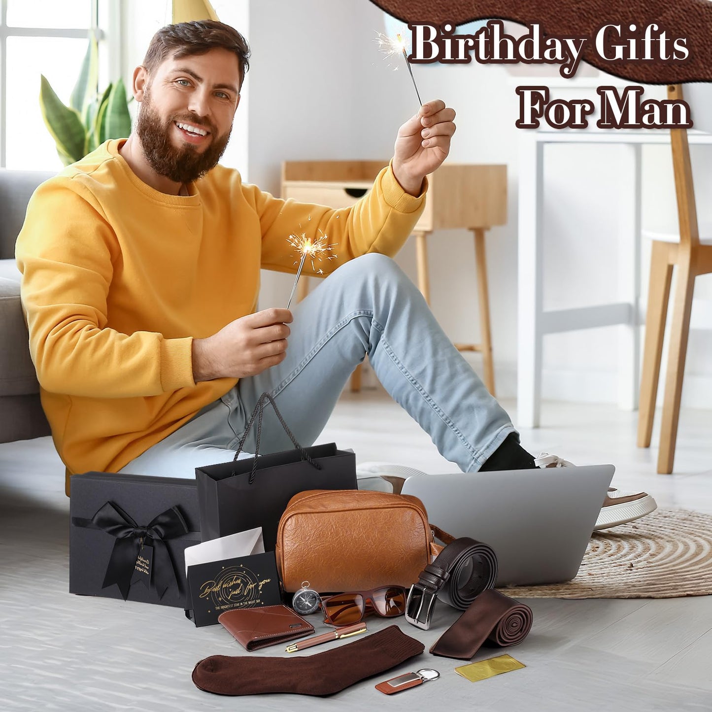 Geyoga 12 Pcs Men Birthdays Gift Set with Box for Men Gift Basket PU Leather Wallet Leather Toiletry Bag Tie Socks Belt Keychain Sunglasses Pen Compass Set for Valentine‘s Day(Brown)