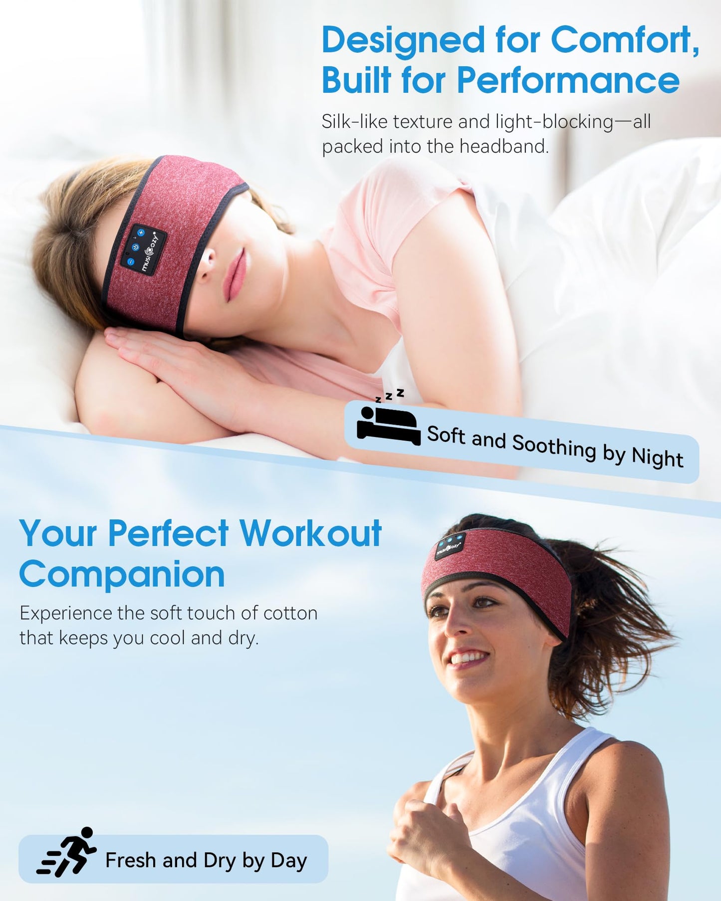 MUSICOZY Sleep Headphones Bluetooth 5.4 Headband, Sports Wireless Earphones Sweat Resistant Earbuds Sleeping Headphone with Ultra-Thin HD Stereo Speaker for Workout Running Cool Gadgets Unique Gifts