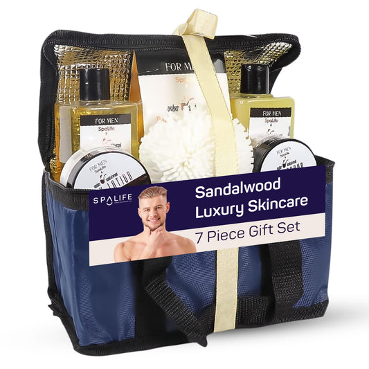 SpaLife Men's Sandalwood Luxury Spa Skincare Set - Complete Care Kit for Rugged Revitalization, Exfoliating Scrub - Bath and Body Collection for Cleansing, Moisturizing, and Rejuvenation