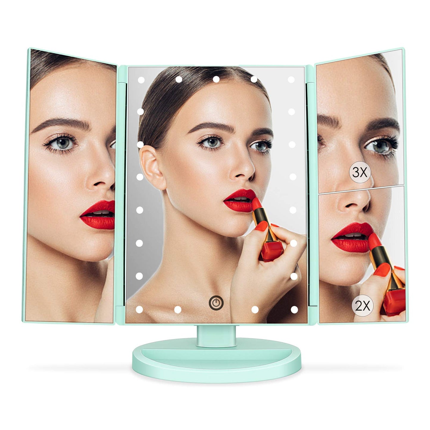 deweisn Dresser Mount Tri-Fold Lighted Vanity Mirror with 21 LED Lights, Touch Screen and 3X/2X/1X Magnification, Two Power Supply Modes Make Up Mirror,Travel Mirror