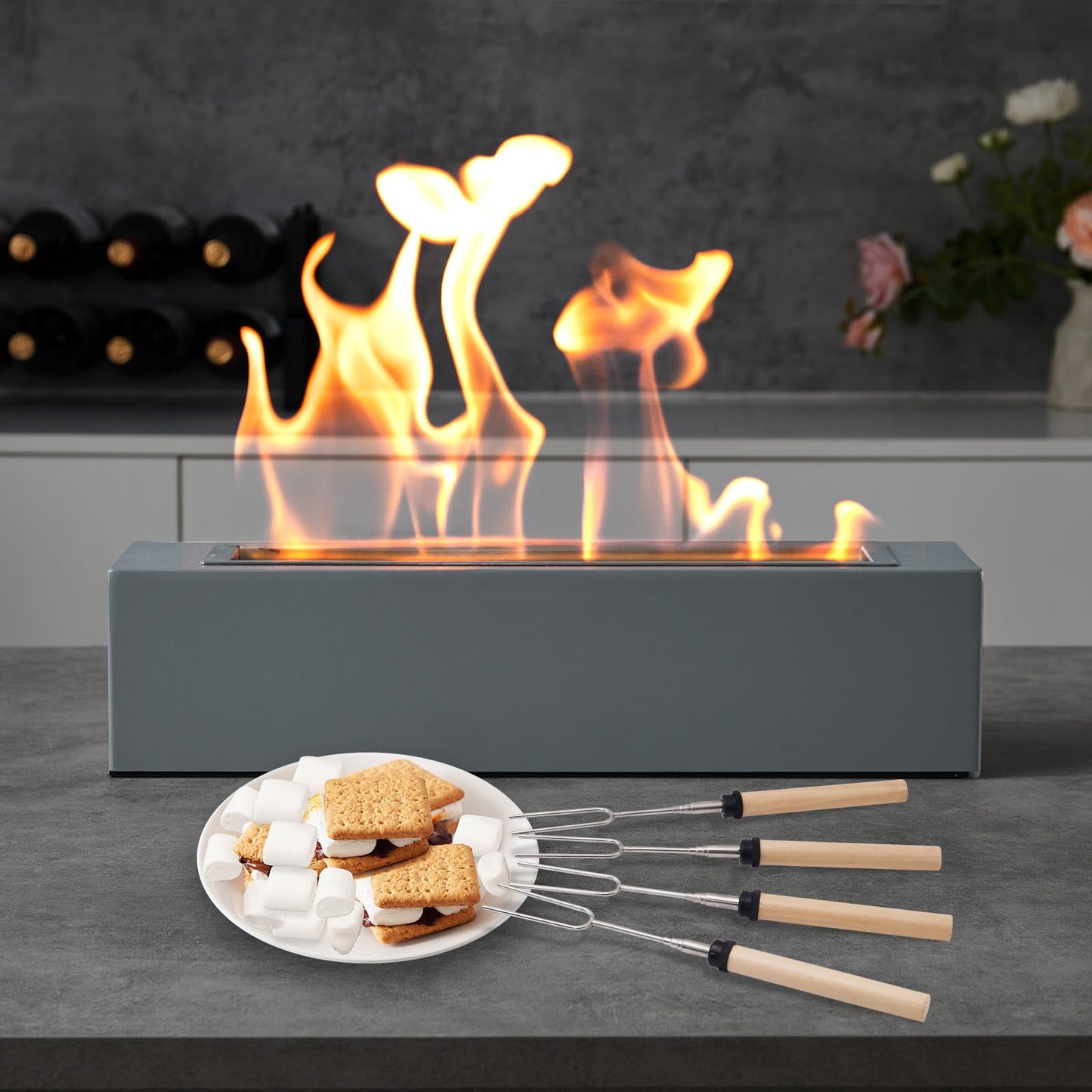 Metal Rectangle Tabletop Fire Pit with Smores Maker Kit 4 Roasting Sticks Indoor/Outdoor Small Fireplace, Table Top Decor Gifts for Women Mom Housewarming Birthday Balcony Backyard Gift