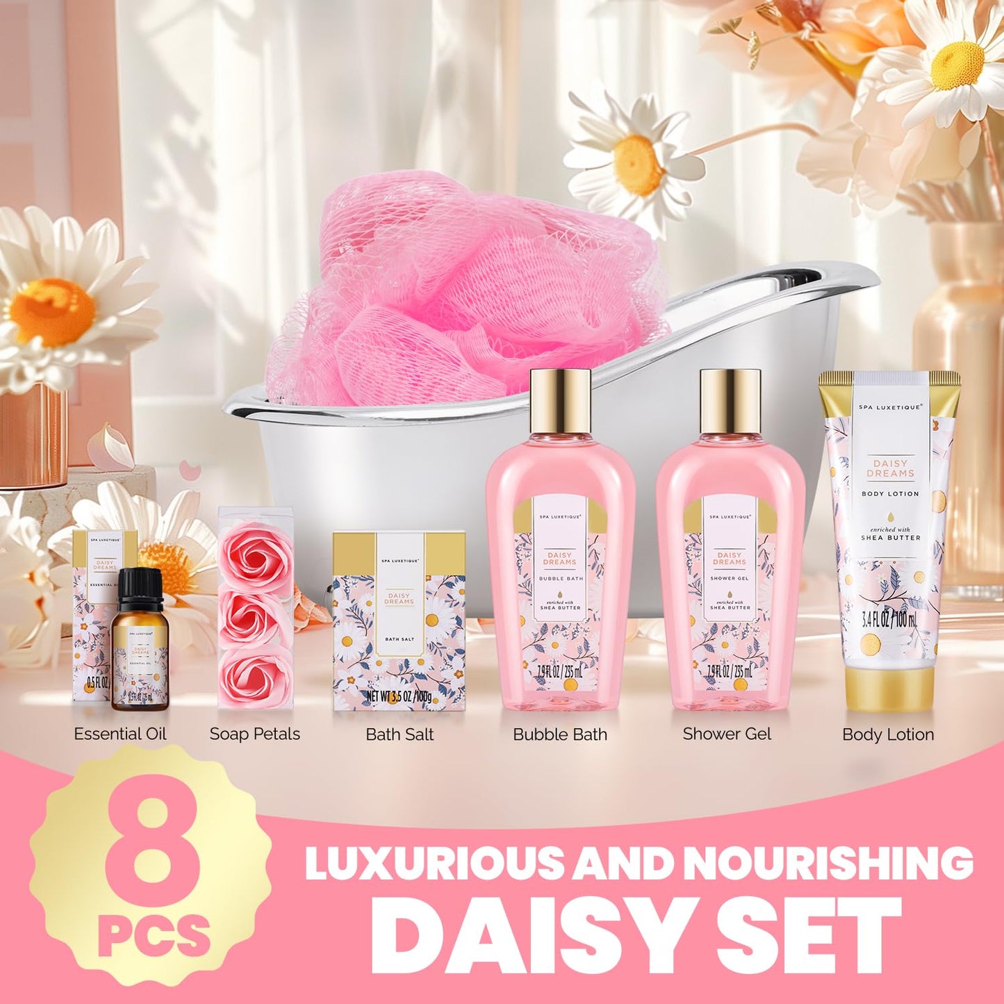 Gift Set For Women, Spa Luxetique Bath Sets for Women Gift, 8 Pcs Rose Spa Basket Includes Bubble Bath, Shower Gel, Body Lotion, Birthday Spa Gifts, Mothers Day Gifts for Mom