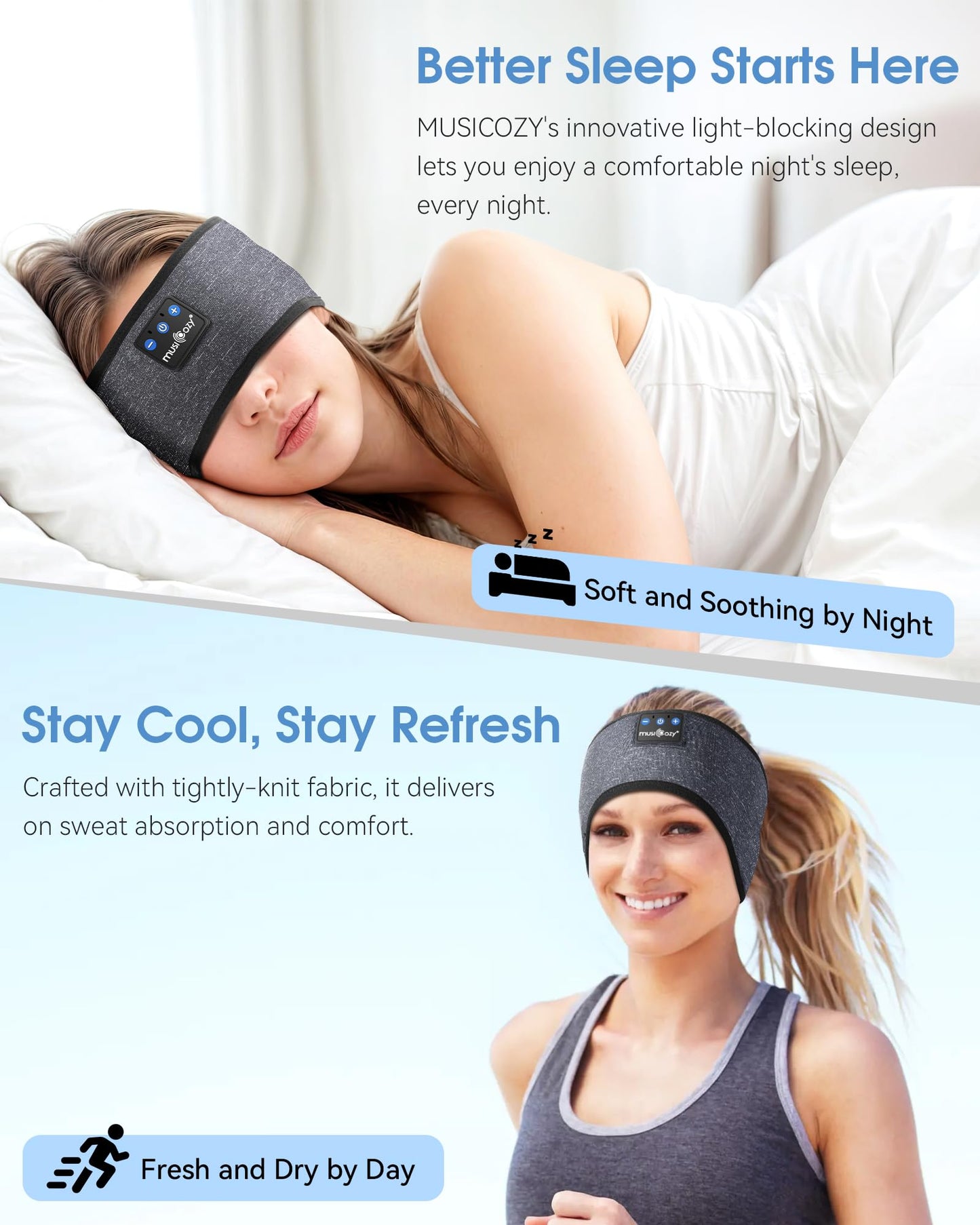 MUSICOZY Sleep Headphones Bluetooth 5.4 Headband, Sports Wireless Earphones Sweat Resistant Earbuds Sleeping Headphone with Ultra-Thin HD Stereo Speaker for Workout Running Cool Gadgets Unique Gifts