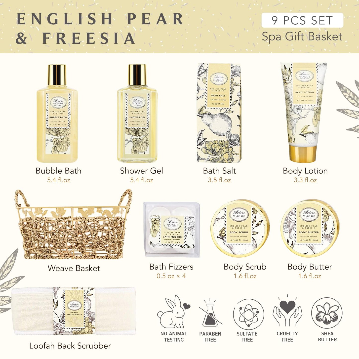 Bath & Shower Spa Gift Basket Set, with English Pear & Freesia Fragrance Bath Gift Basket for Women & Men Includes Body Lotion, Shower Gel, Bath Salts, Bubble Bath, Body Scrub and More, 9 Pcs