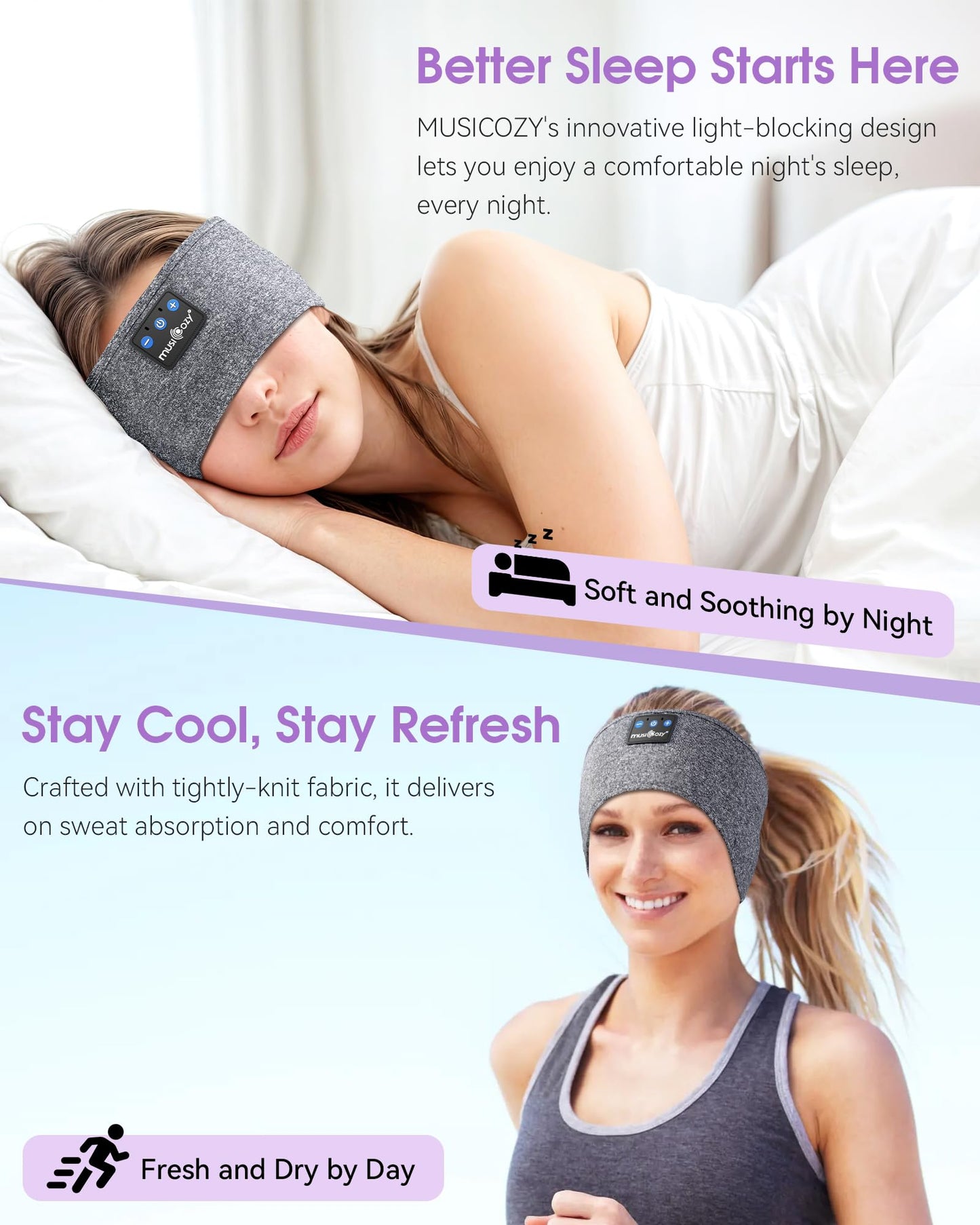 MUSICOZY Sleep Headphones Bluetooth 5.4 Headband, Sports Wireless Earphones Sweat Resistant Earbuds Sleeping Headphone with Ultra-Thin HD Stereo Speaker for Workout Running Cool Gadgets Unique Gifts