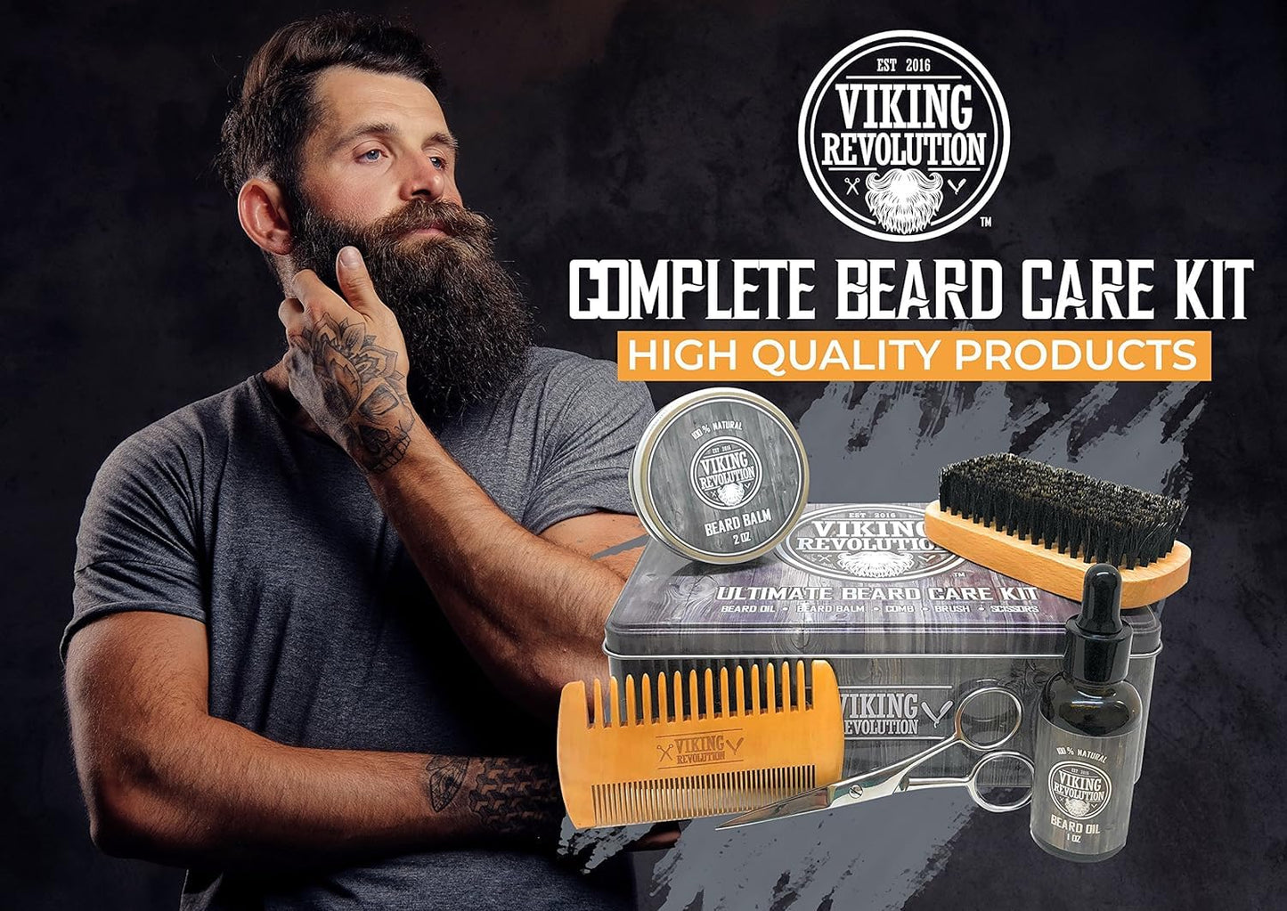 Viking Revolution Beard Care Kit for Men - Kit includes 100% Boar Beard Brush, Wooden Comb, Beard Balm, Beard Oil, Beard & Mustache Scissors in a Metal Box