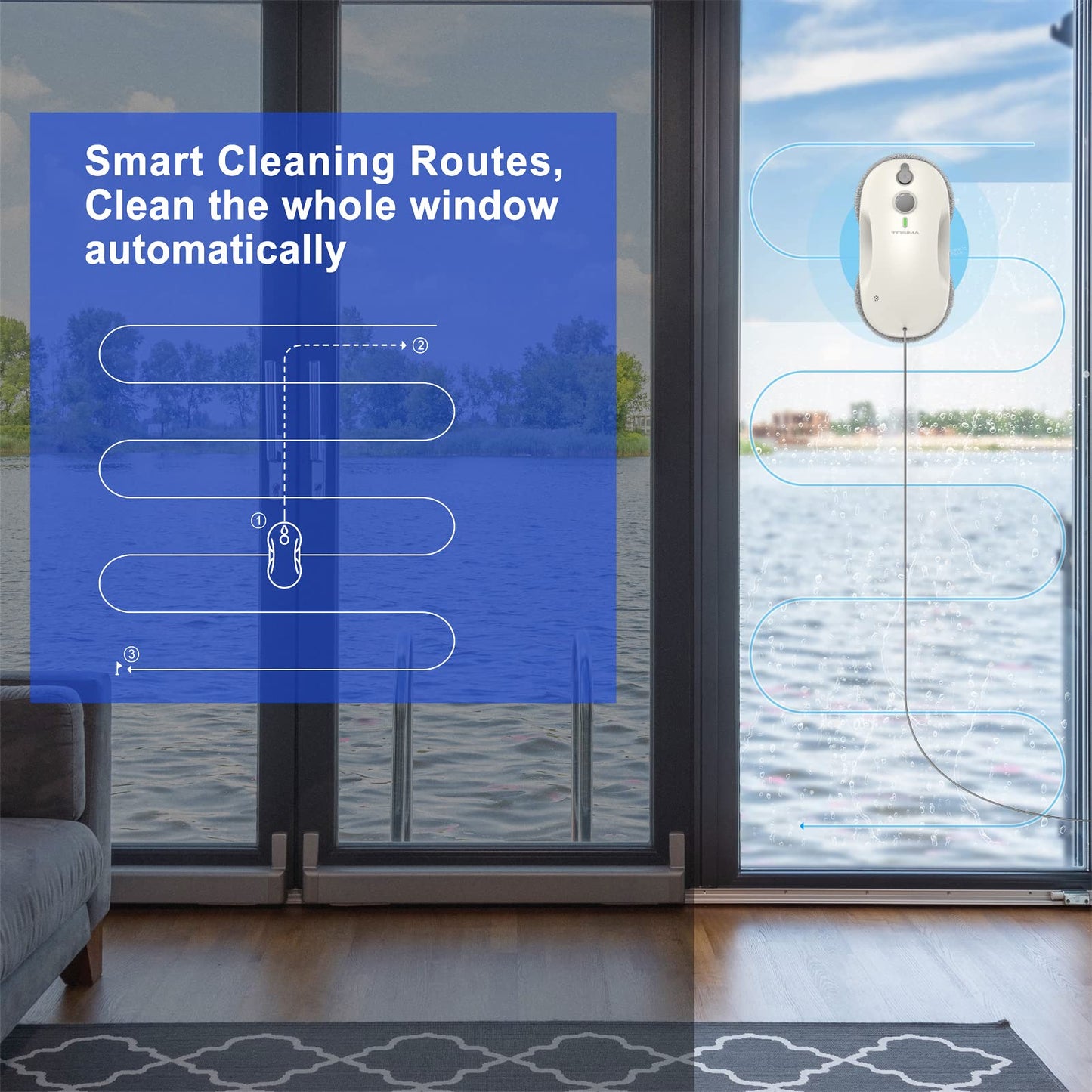 Tosima W2 Window Cleaner Robot, Automatic Cleaning with Intelligent Path Planning, 3800Pa Suction Power, Edge Detection Technology, Remote Control, White