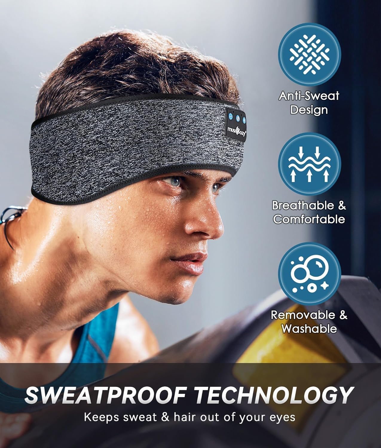 MUSICOZY Sleep Headphones Bluetooth 5.4 Headband, Sports Wireless Earphones Sweat Resistant Earbuds Sleeping Headphone with Ultra-Thin HD Stereo Speaker for Workout Running Cool Gadgets Unique Gifts