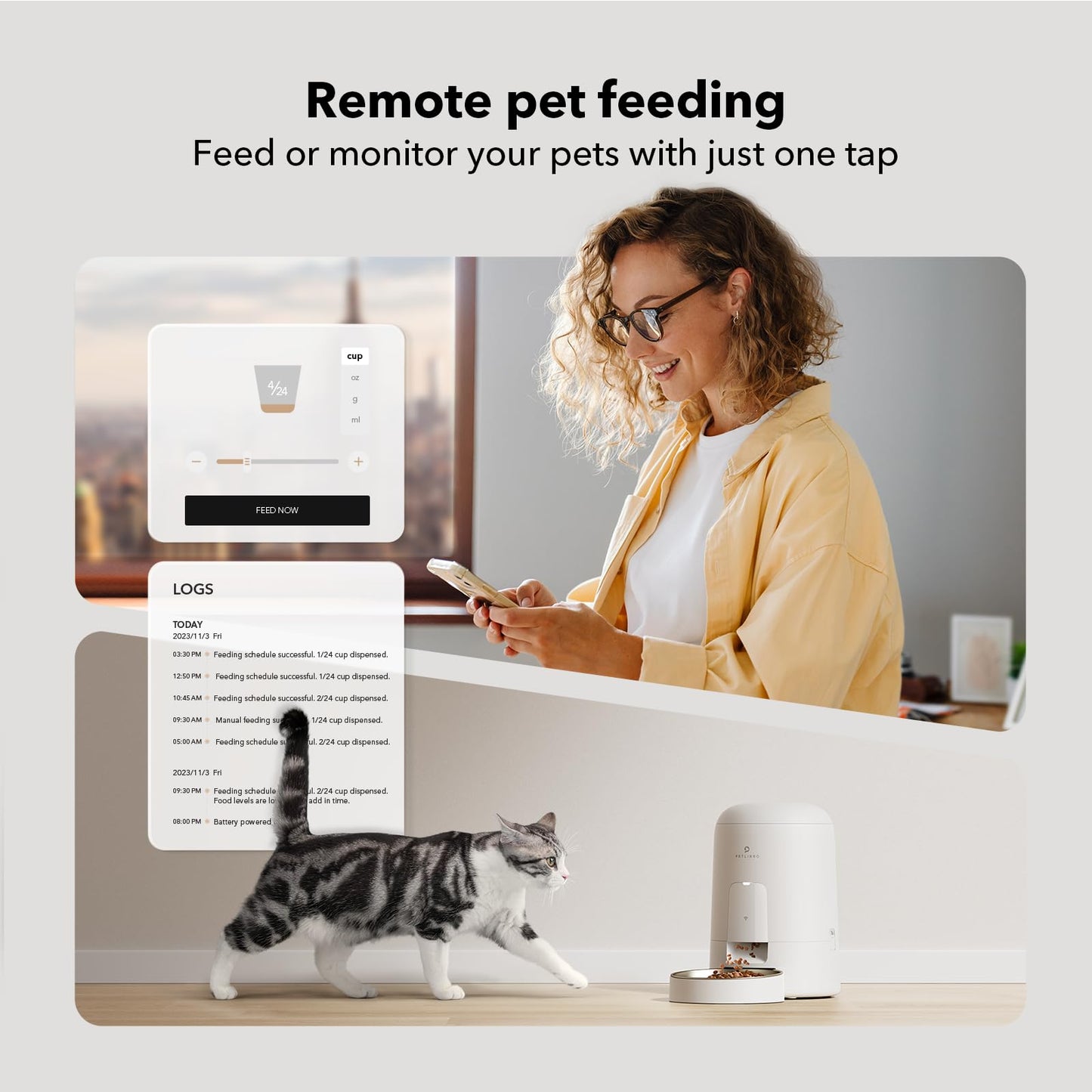 PETLIBRO Automatic Cat Feeder, Wi-Fi Rechargeable Cat Food Dispenser Battery-Operated with 30-Day Life, AIR 2.4G Wi-Fi Timed Pet Feeder for Cat & Dog, 2L Auto Cat Feeder, Black