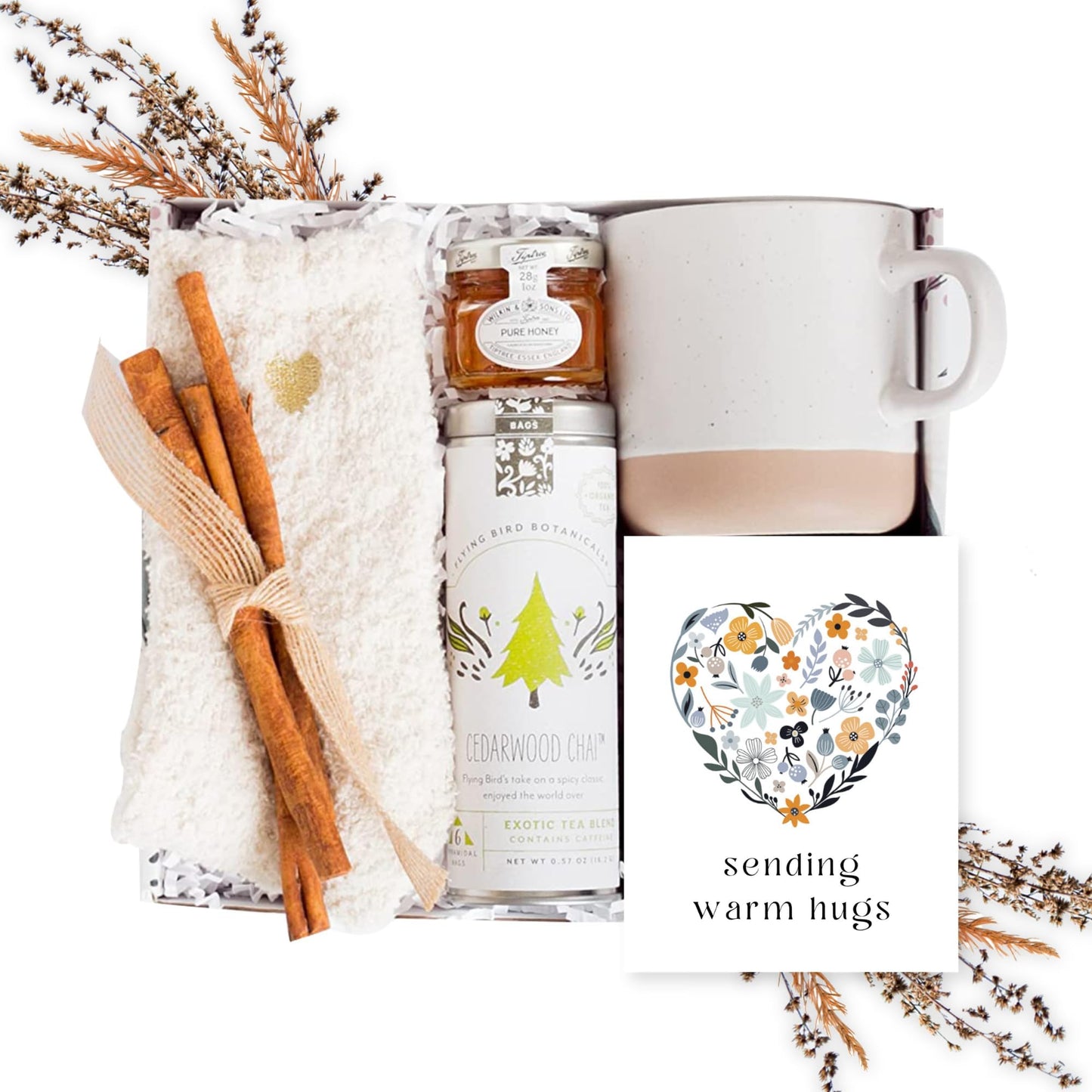 UnboxMe Tea Lover's Gift Basket – Self-Care Gift Box with Cozy Socks, Ceramic Mug, Chai Tea, Honey & Cinnamon | Perfect Get Well Soon or Relaxation Gift for Women