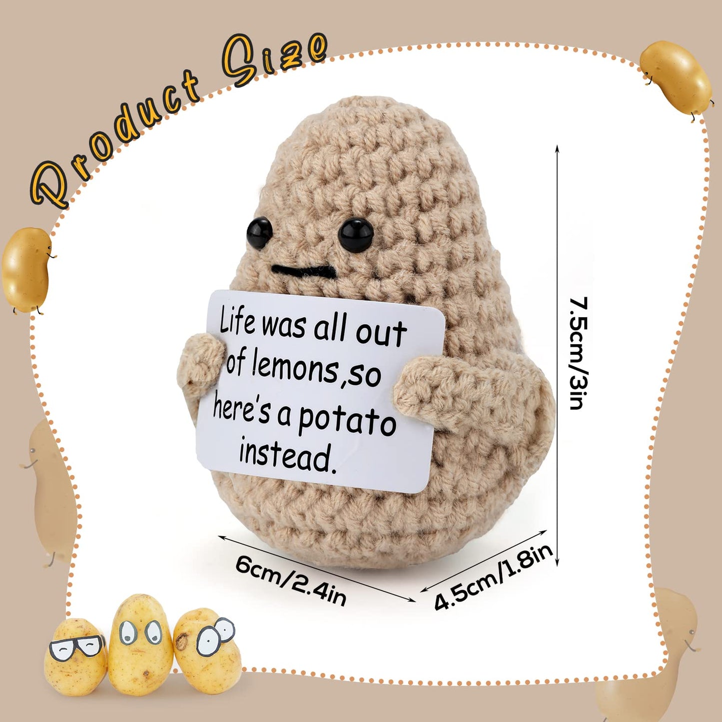 Mini Funny Knitted Wool Potato Toy with Positive Card - Creative Cute Crochet Doll Cheer Up Gift for Friends, Parties, Christmas Decoration and Encouragement