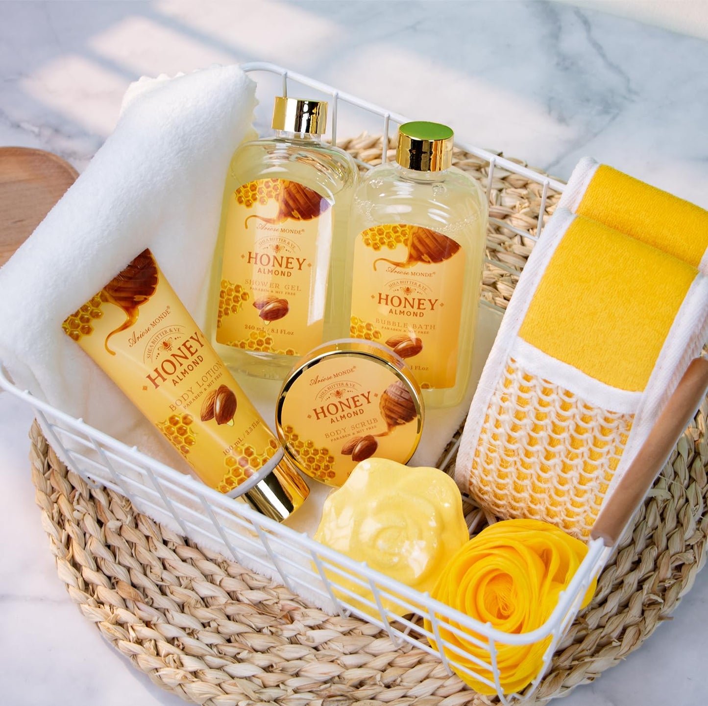 Bath & Shower Spa Gift Basket Set, with English Pear & Freesia Fragrance Bath Gift Basket for Women & Men Includes Body Lotion, Shower Gel, Bath Salts, Bubble Bath, Body Scrub and More, 9 Pcs