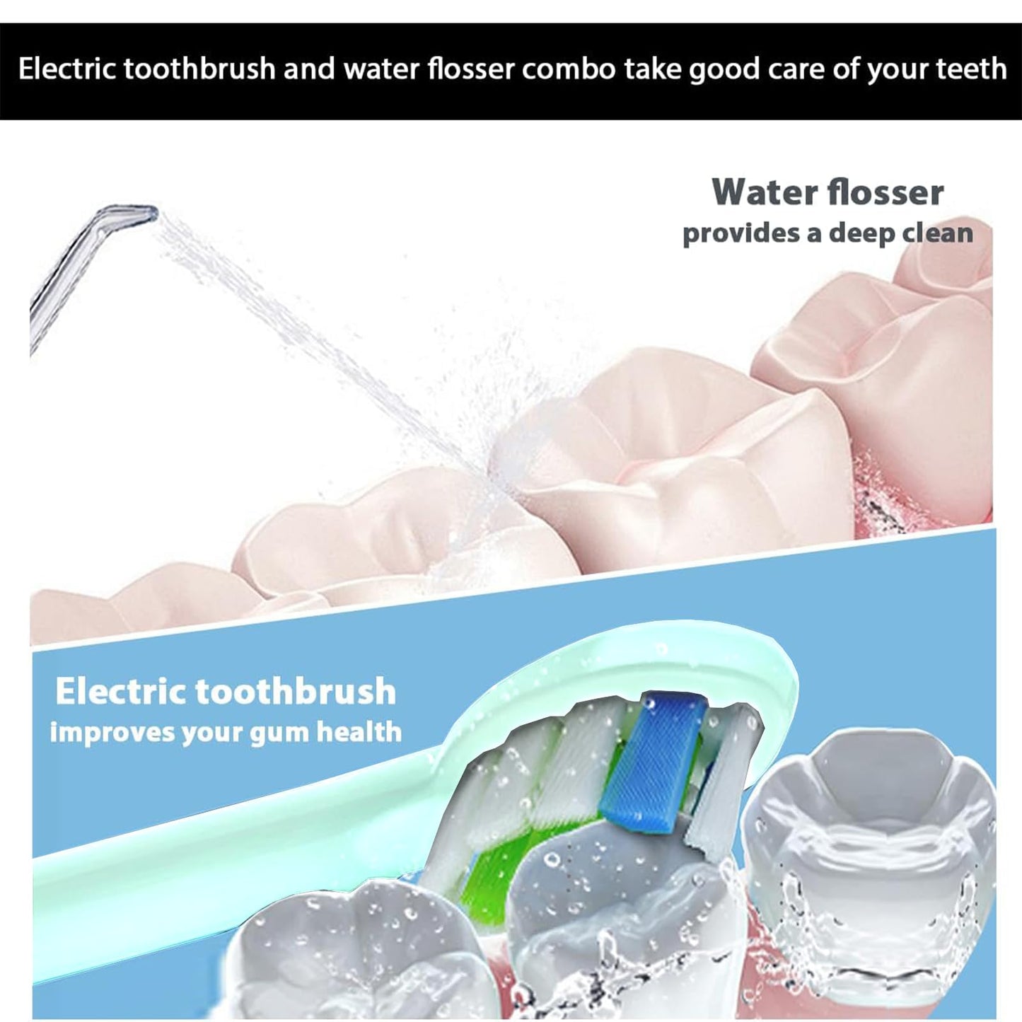 2-1 Oral Clean Kit- Water Dental flosser & Electric Toothbrush Combo- Brushing & Flossing- for Teeth Cleaning and Gum Health (Black)