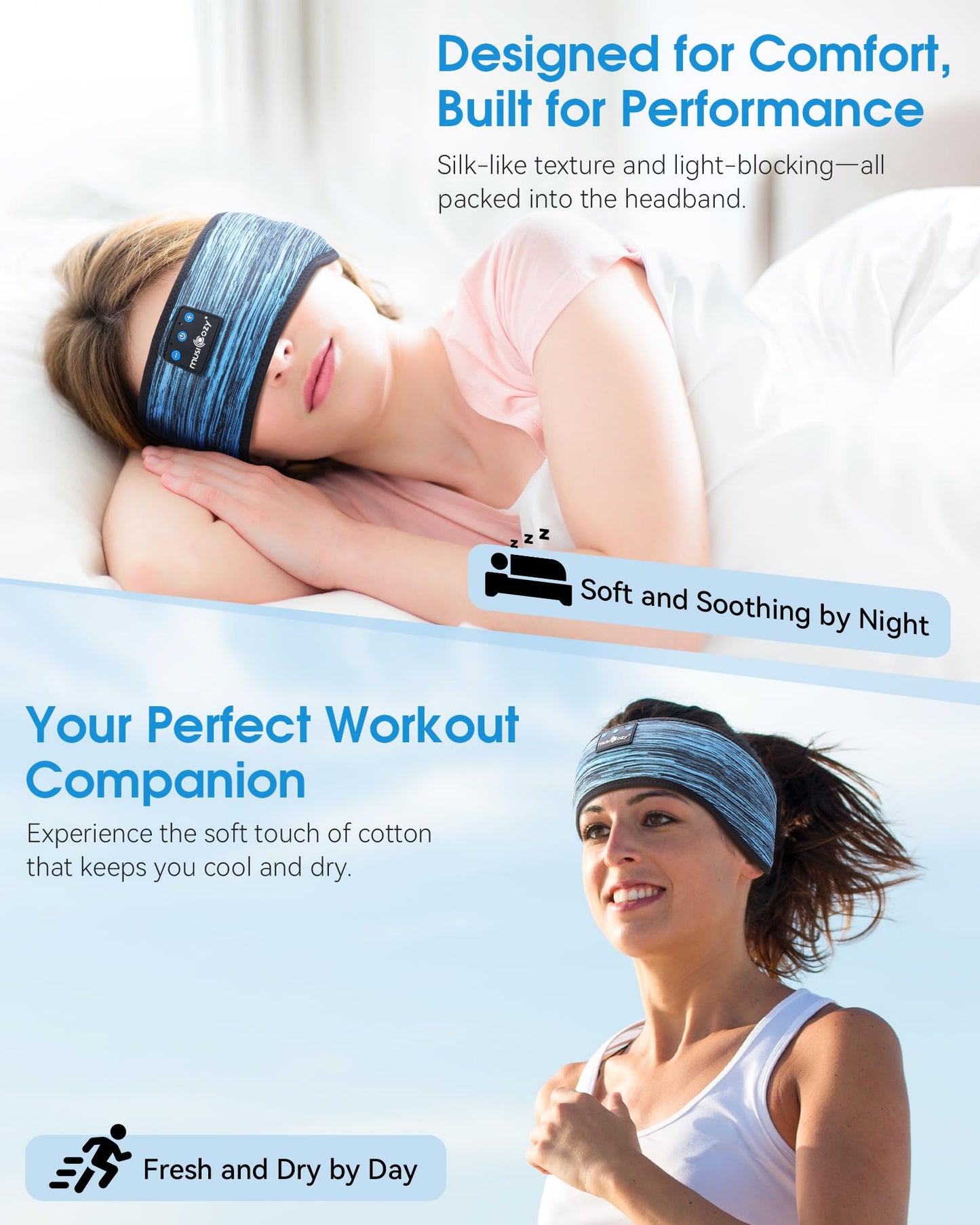 MUSICOZY Sleep Headphones Bluetooth 5.4 Headband, Sports Wireless Earphones Sweat Resistant Earbuds Sleeping Headphone with Ultra-Thin HD Stereo Speaker for Workout Running Cool Gadgets Unique Gifts