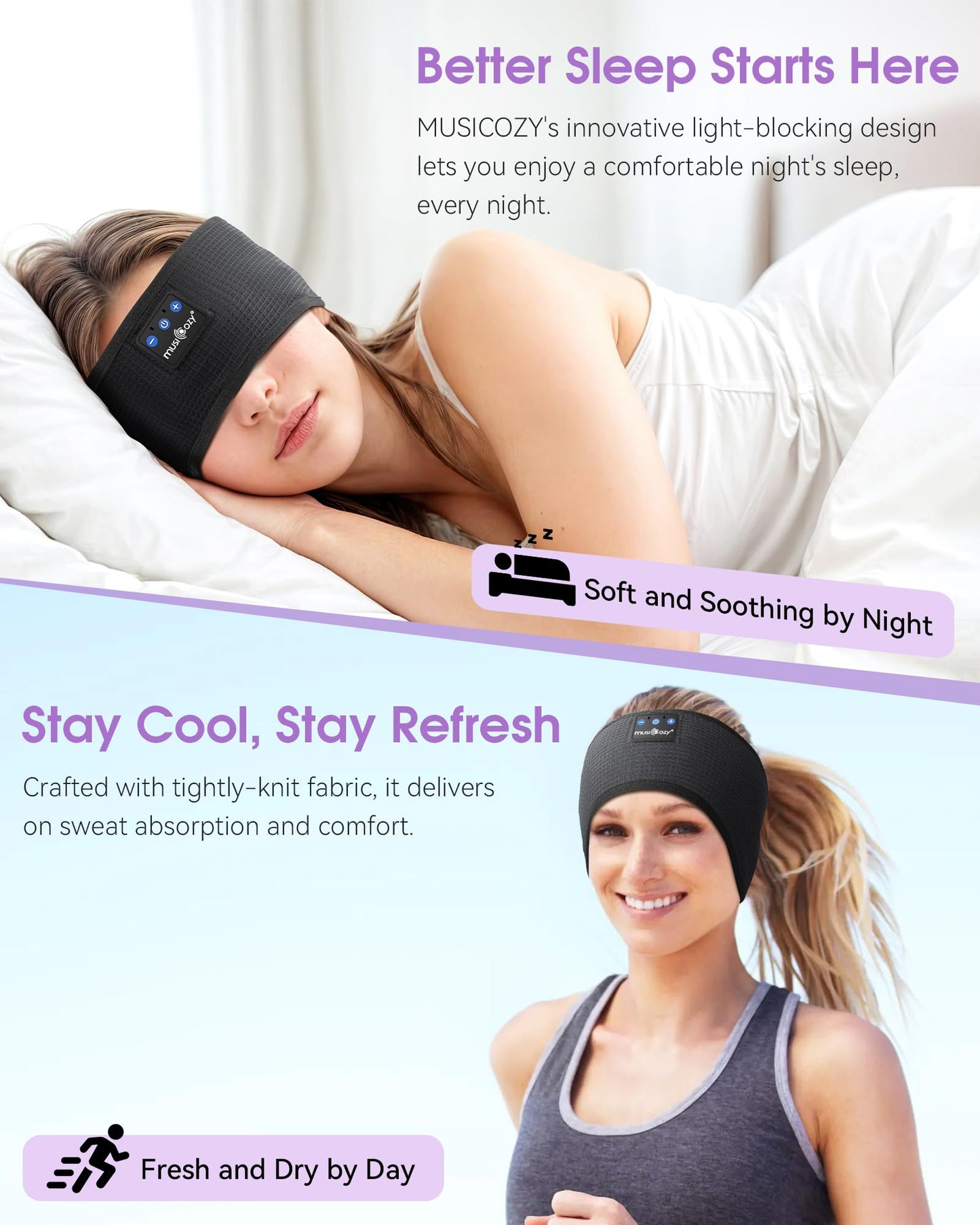 MUSICOZY Sleep Headphones Bluetooth 5.4 Headband, Sports Wireless Earphones Sweat Resistant Earbuds Sleeping Headphone with Ultra-Thin HD Stereo Speaker for Workout Running Cool Gadgets Unique Gifts