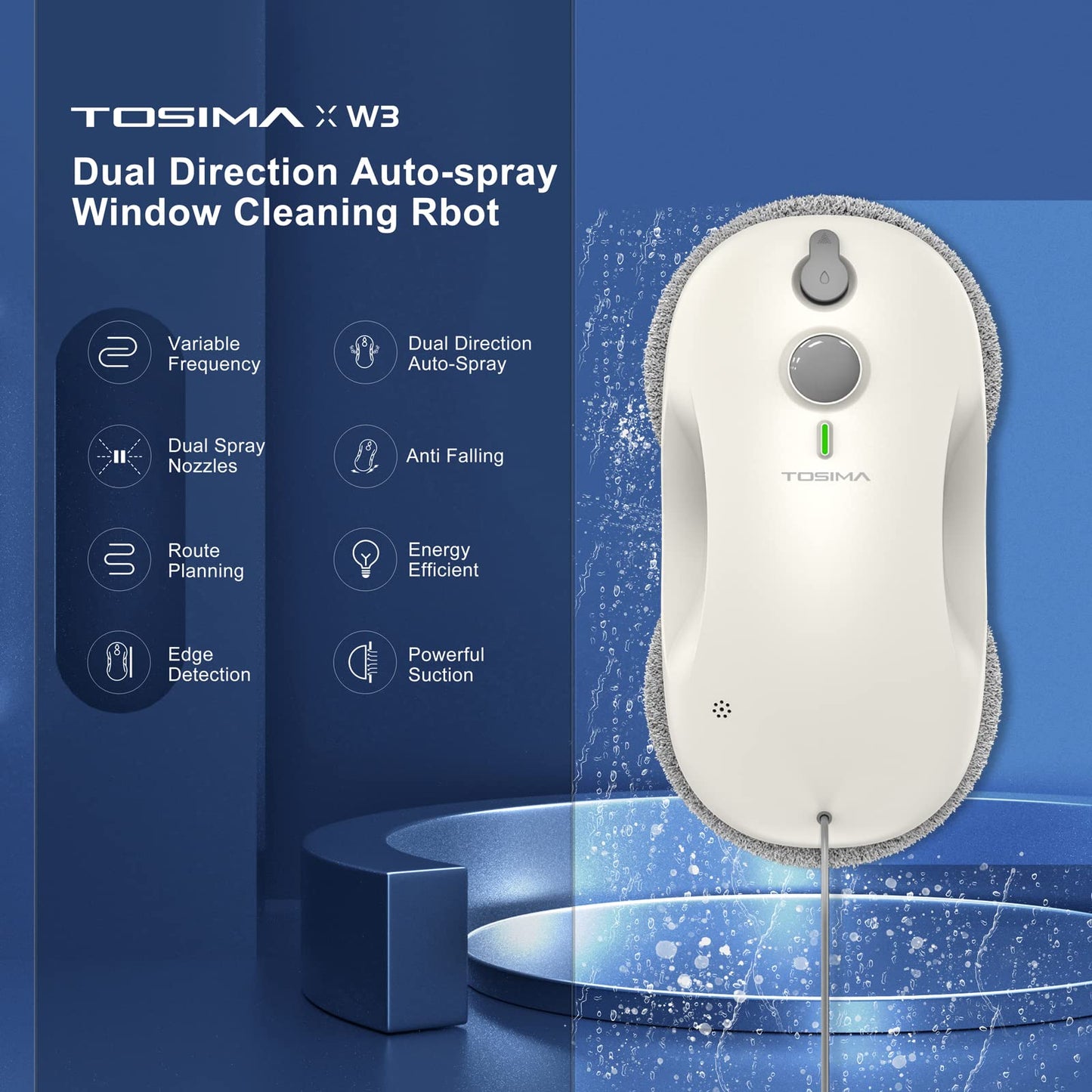 Tosima W2 Window Cleaner Robot, Automatic Cleaning with Intelligent Path Planning, 3800Pa Suction Power, Edge Detection Technology, Remote Control, White