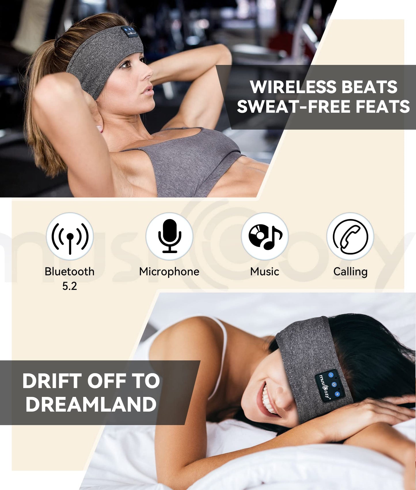 MUSICOZY Sleep Headphones Bluetooth 5.4 Headband, Sports Wireless Earphones Sweat Resistant Earbuds Sleeping Headphone with Ultra-Thin HD Stereo Speaker for Workout Running Cool Gadgets Unique Gifts