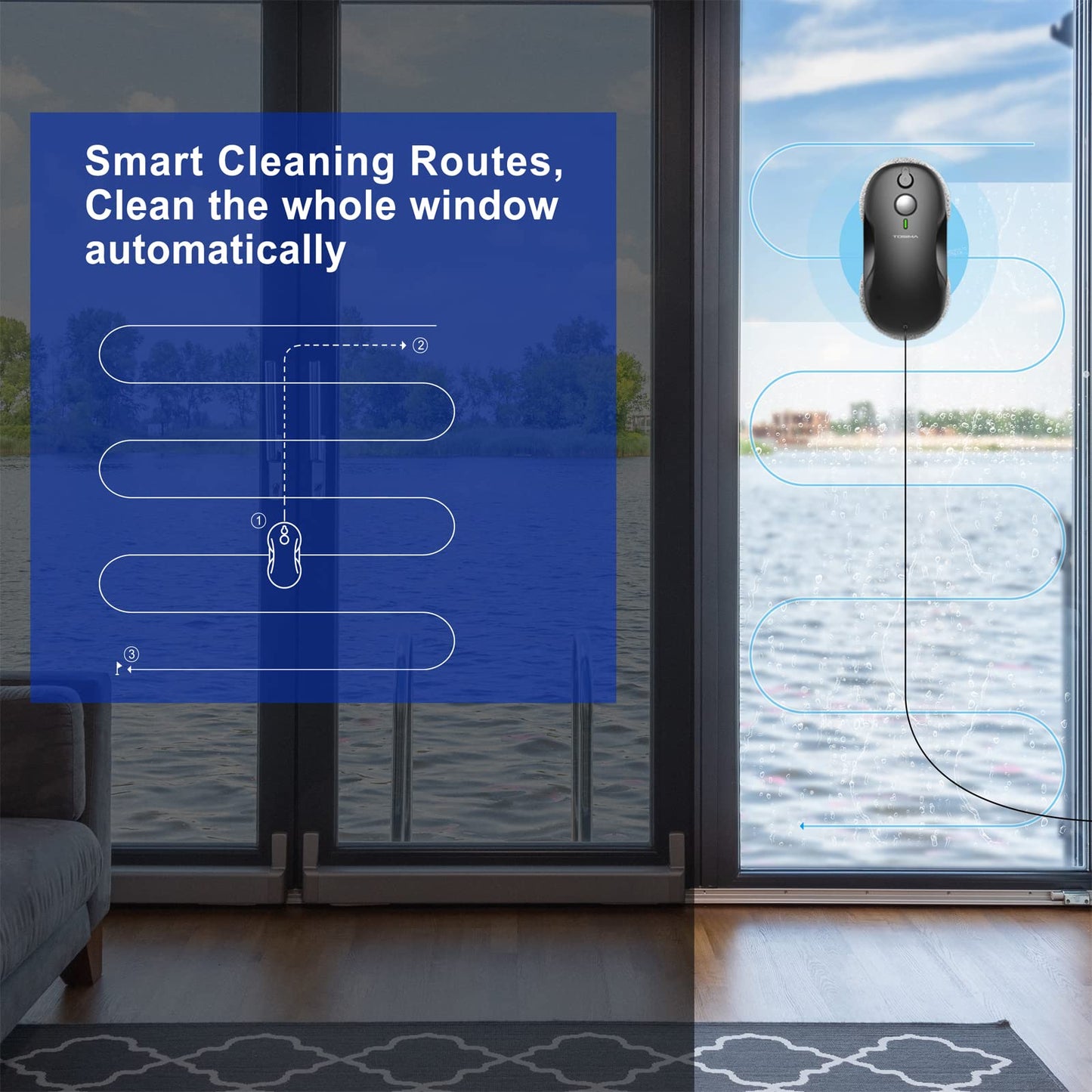 Tosima W2 Window Cleaner Robot, Automatic Cleaning with Intelligent Path Planning, 3800Pa Suction Power, Edge Detection Technology, Remote Control, White