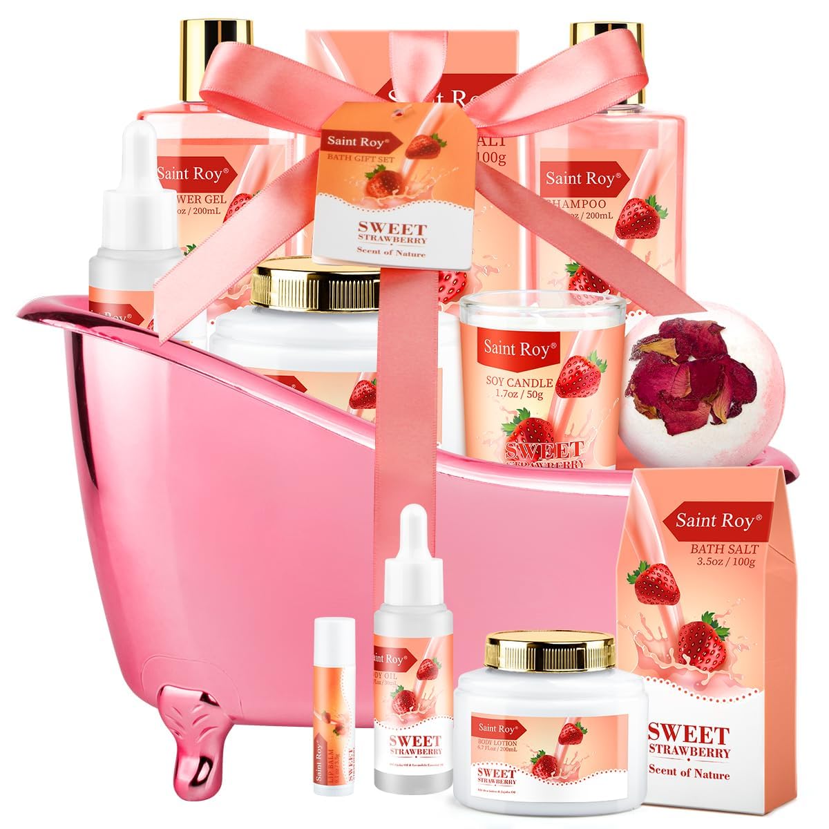 SPA Gifts for Her Gift Baskets for Women, Spa Gifts for Mom Strawberry Scent - Rich in Jojoba Oil Shea Butter with Body Lotion, Bath Bomb, Care Package, Birthday Gift