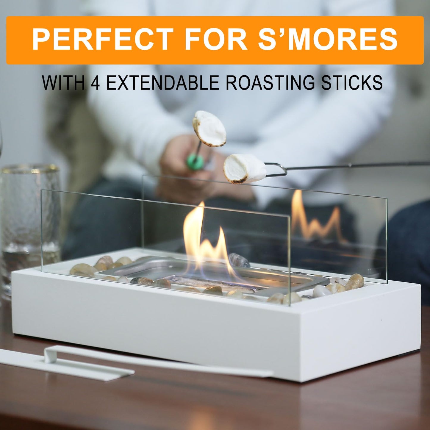 Metal Rectangle Tabletop Fire Pit with Smores Maker Kit 4 Roasting Sticks Indoor/Outdoor Small Fireplace, Table Top Decor Gifts for Women Mom Housewarming Birthday Balcony Backyard Gift